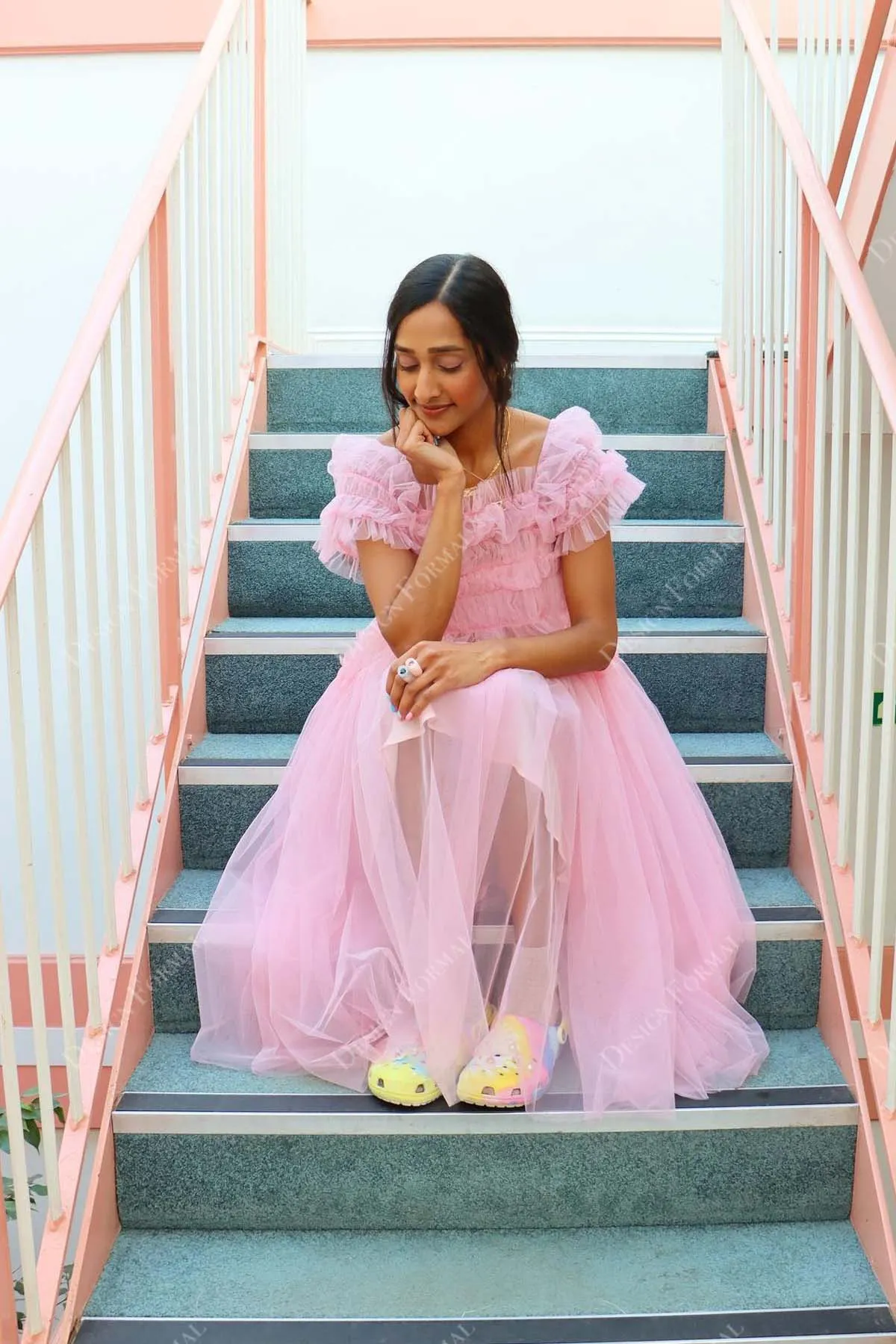 Pink Ruffled Tulle Made-to-Order Ankle Length Prom Daily Dress