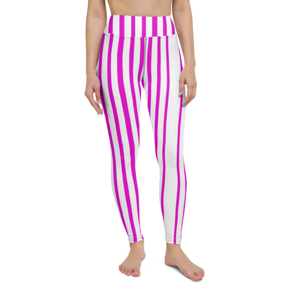 Pink White Stripes Yoga Leggings, Vertically Striped Women's Long Workout Tights-Made in USA/EU