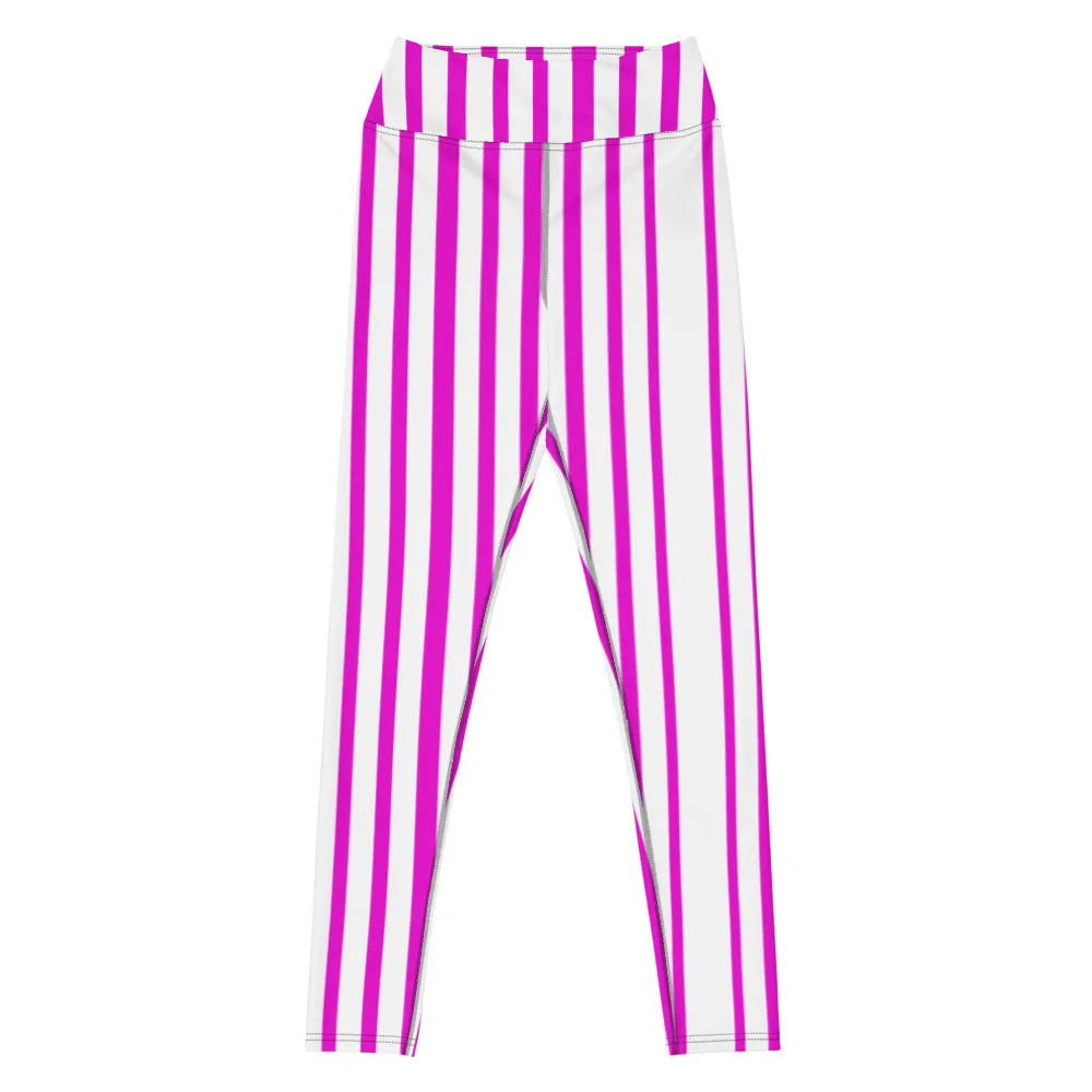 Pink White Stripes Yoga Leggings, Vertically Striped Women's Long Workout Tights-Made in USA/EU