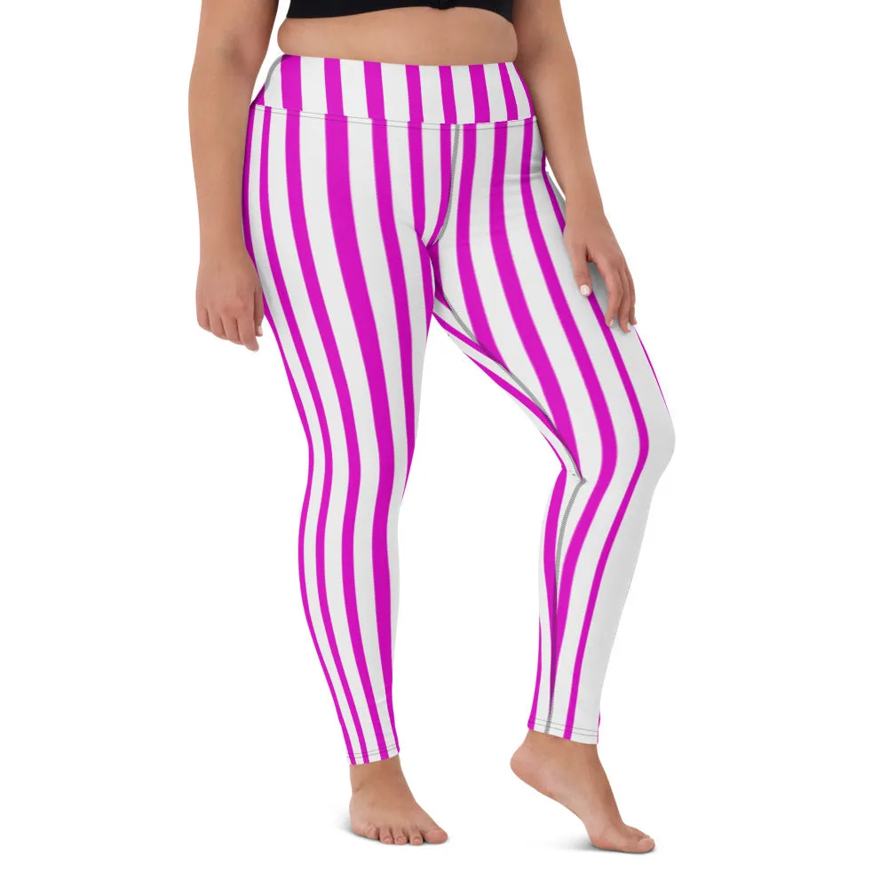 Pink White Stripes Yoga Leggings, Vertically Striped Women's Long Workout Tights-Made in USA/EU