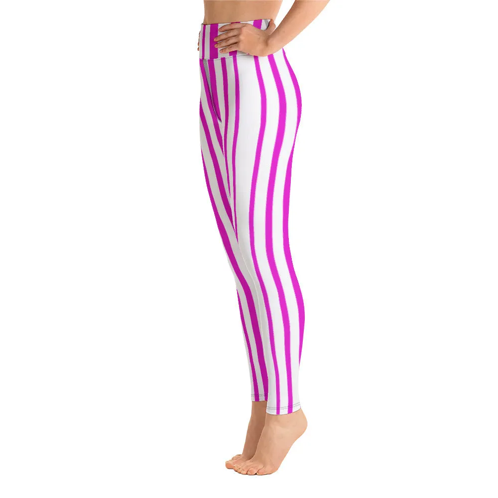 Pink White Stripes Yoga Leggings, Vertically Striped Women's Long Workout Tights-Made in USA/EU