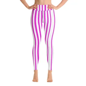 Pink White Stripes Yoga Leggings, Vertically Striped Women's Long Workout Tights-Made in USA/EU