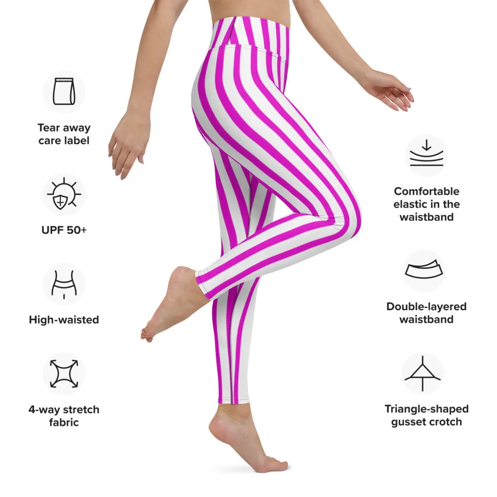 Pink White Stripes Yoga Leggings, Vertically Striped Women's Long Workout Tights-Made in USA/EU