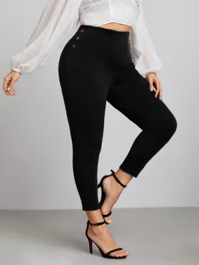 Plain Button Cropped Plus Size Leggings