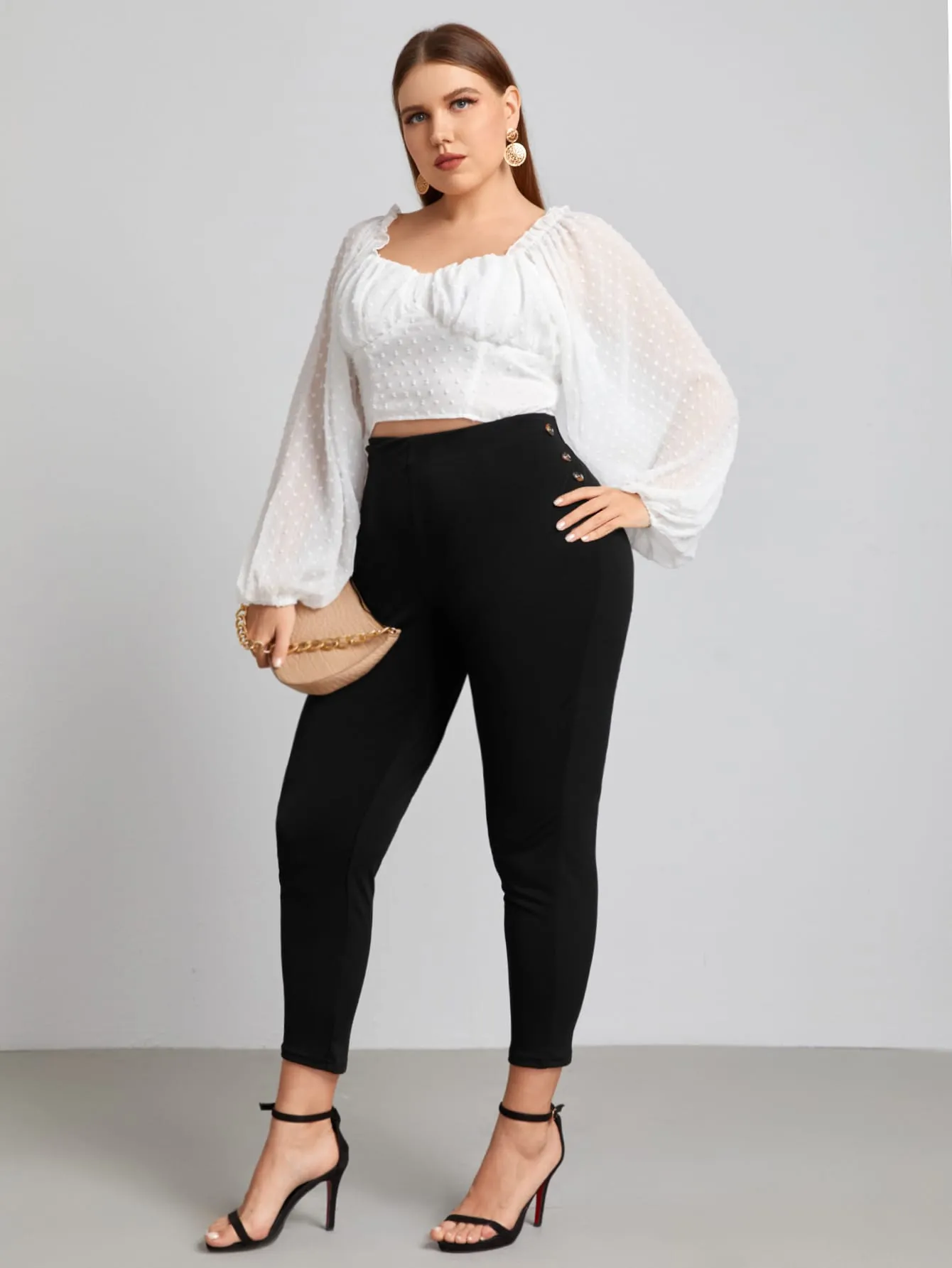 Plain Button Cropped Plus Size Leggings