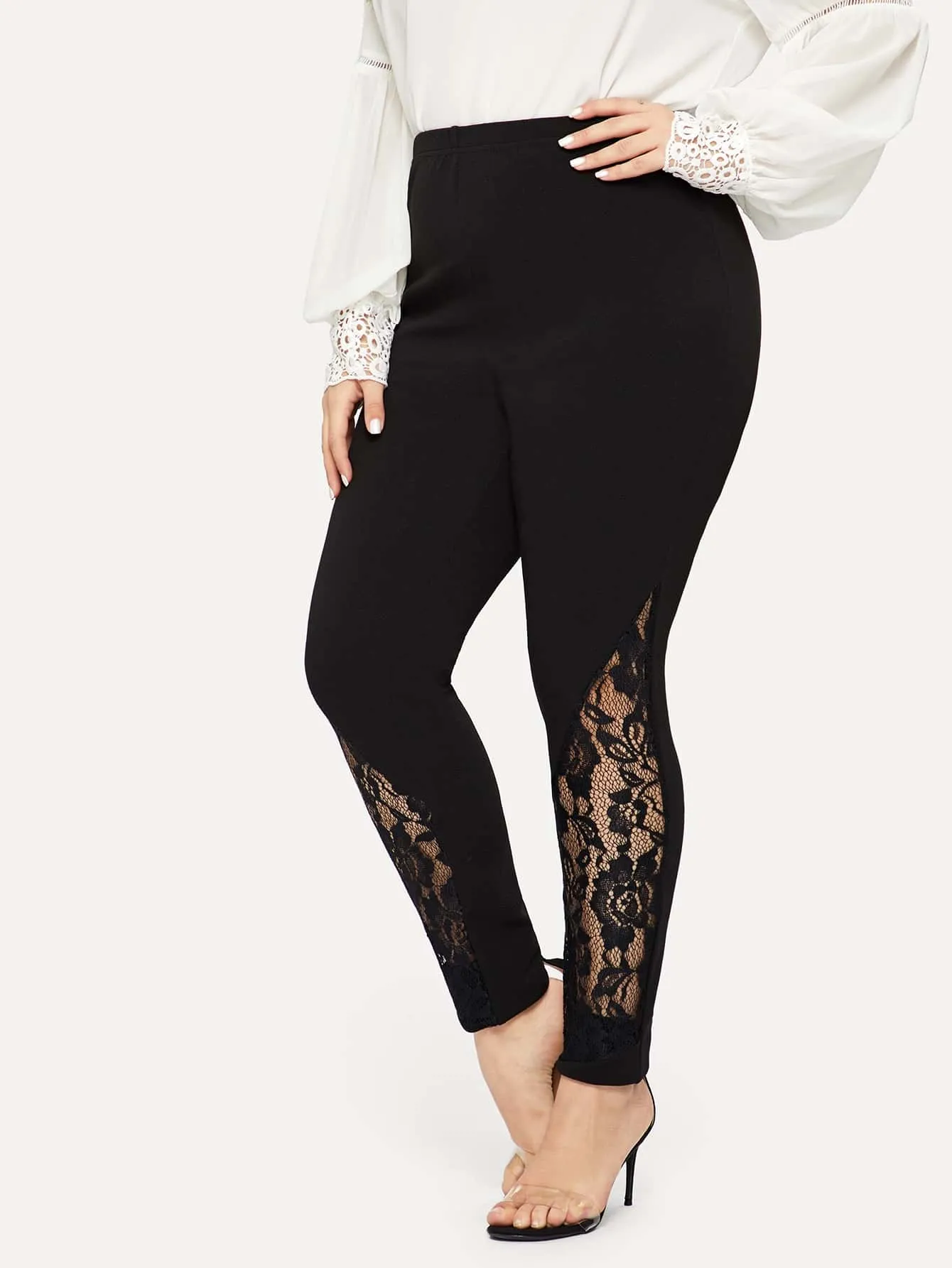 Plain Contrast Lace Long Plus Size Leggings