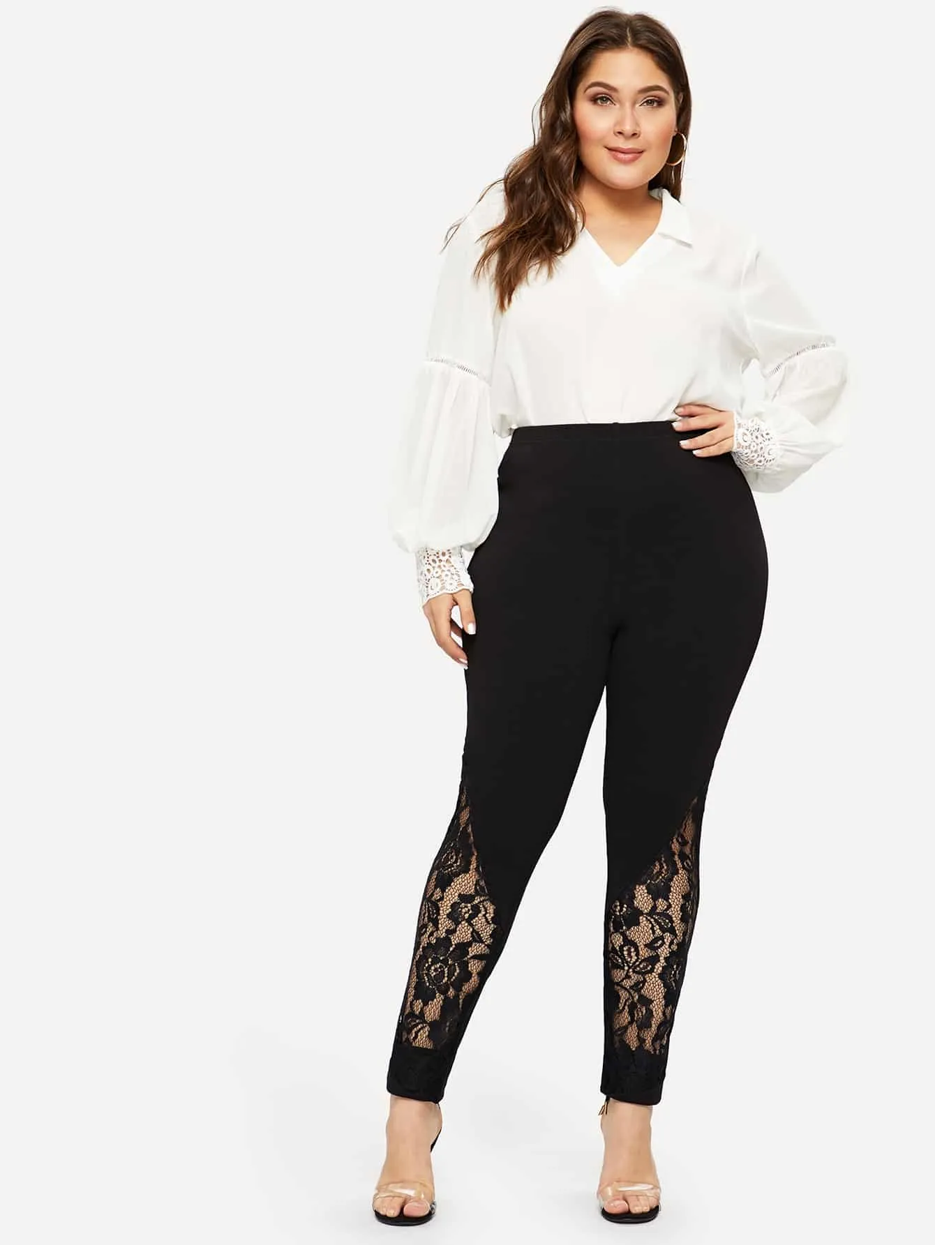 Plain Contrast Lace Long Plus Size Leggings