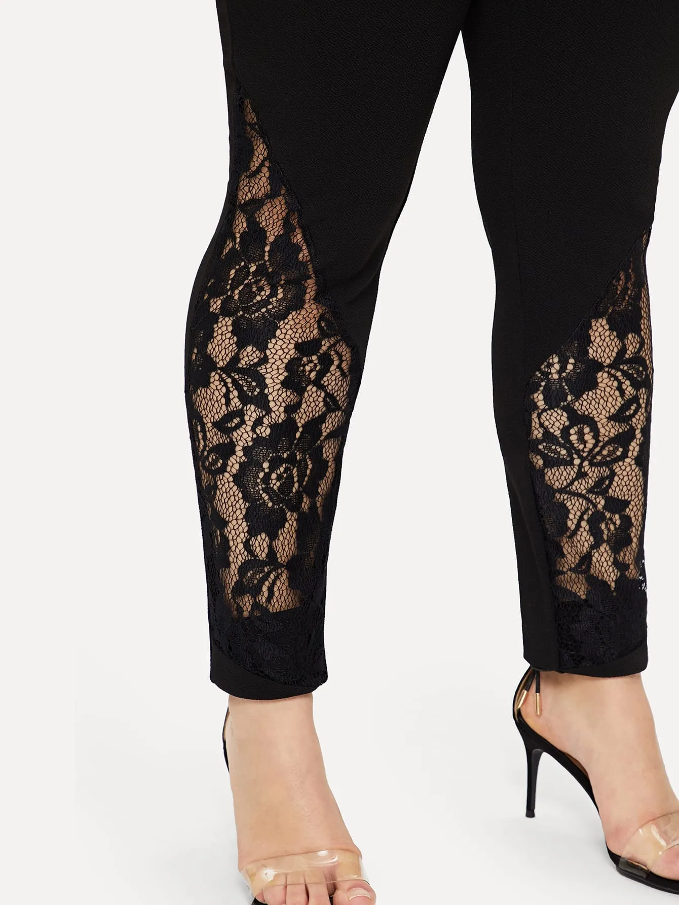 Plain Contrast Lace Long Plus Size Leggings