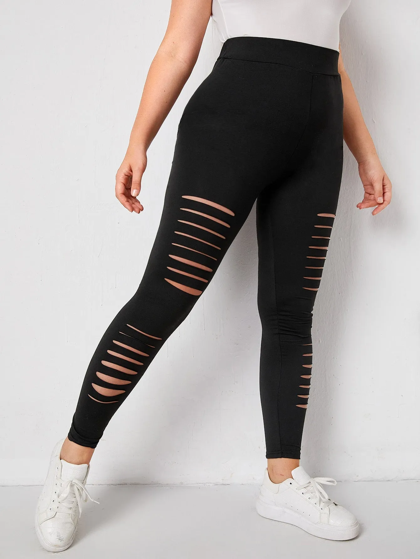 Plain Ripped Cropped Plus Size Leggings