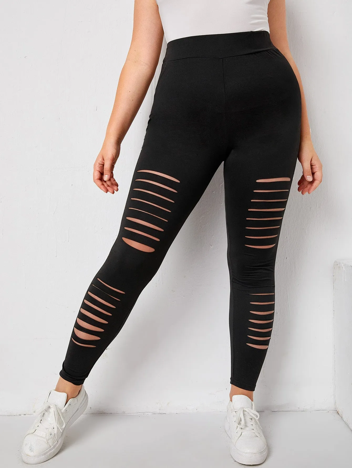 Plain Ripped Cropped Plus Size Leggings