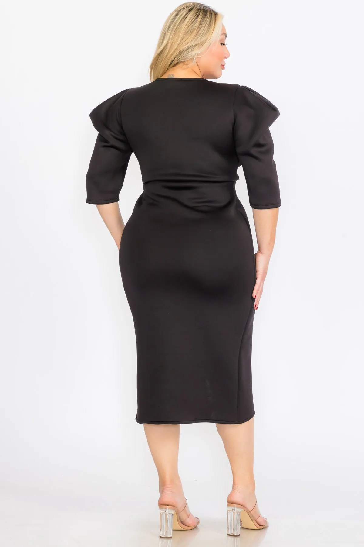 Plus Size Puffy Cap 3/Sleeves Wrap Peplum Midi Dresses with Bow Waist Detail