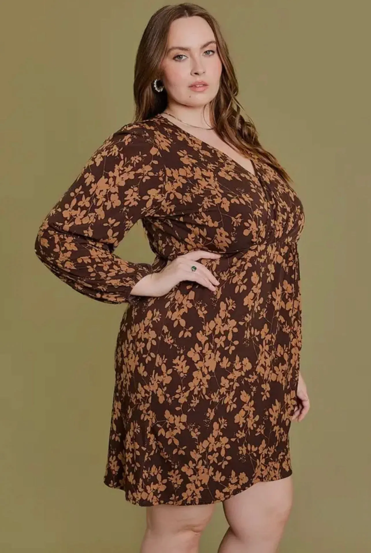 Plus Size Wrap Floral Shirring Mini Dress