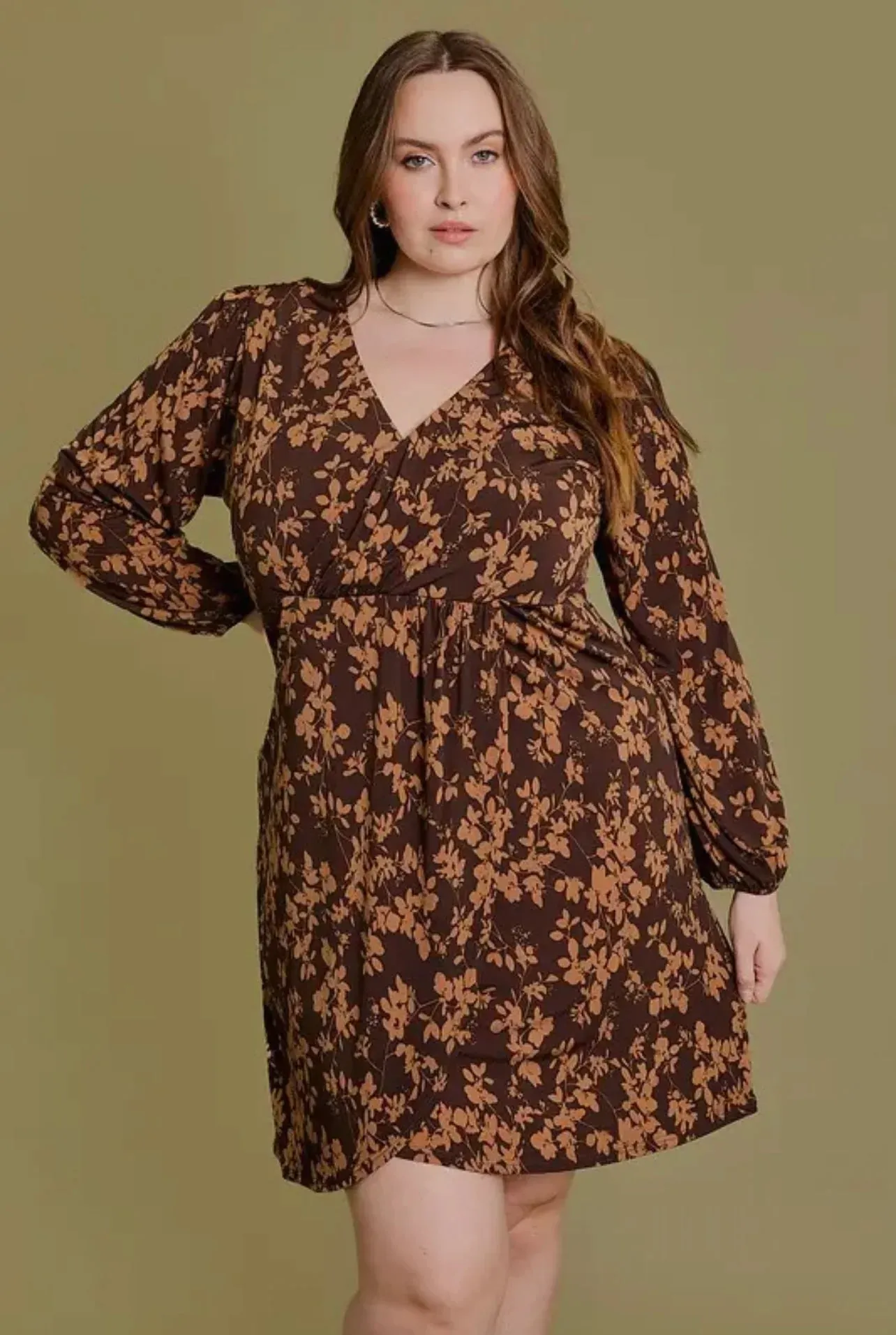 Plus Size Wrap Floral Shirring Mini Dress