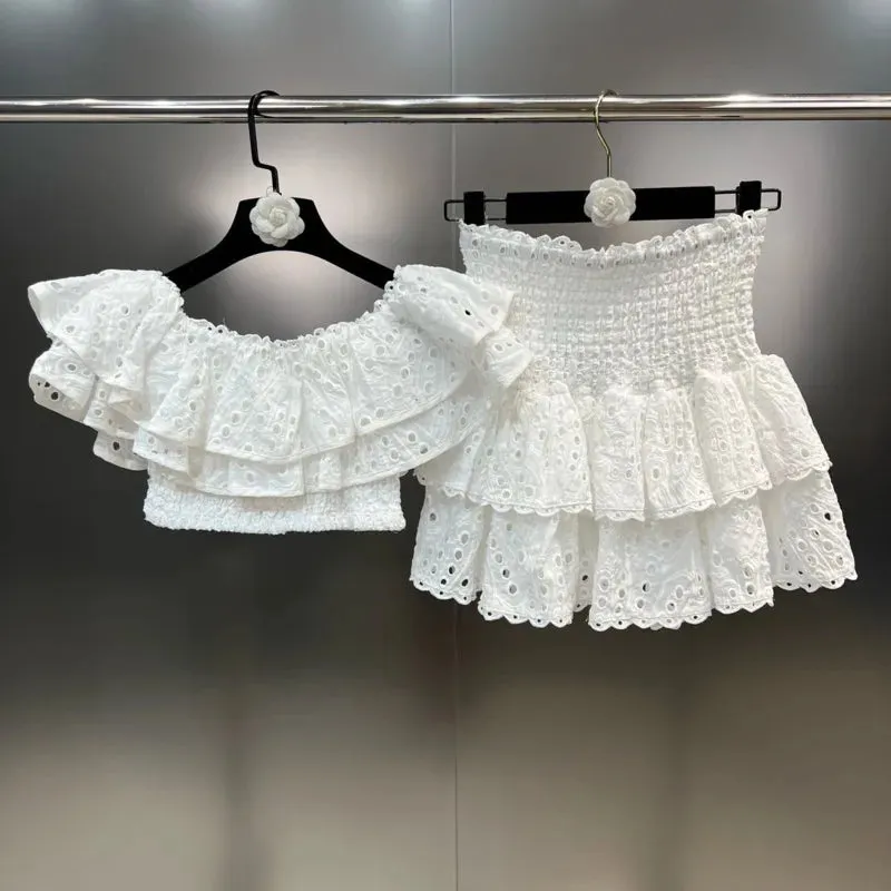 Pre Order:  Ruffle Embroidered Hollow Top   Skirt Sets