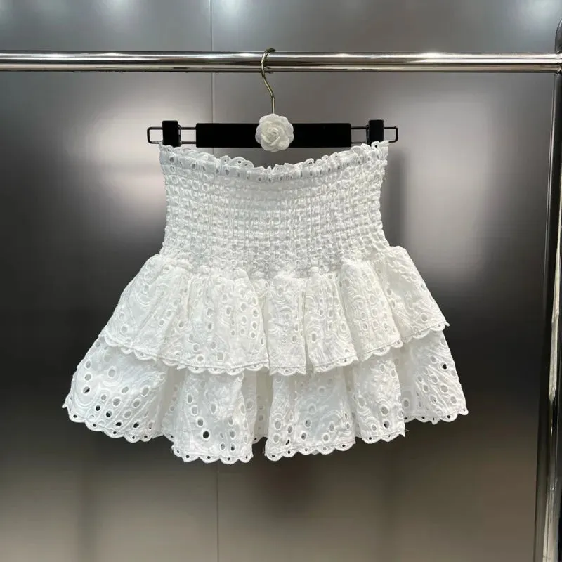 Pre Order:  Ruffle Embroidered Hollow Top   Skirt Sets