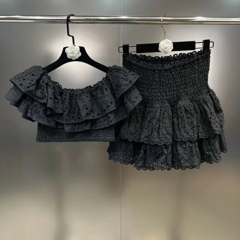 Pre Order:  Ruffle Embroidered Hollow Top   Skirt Sets