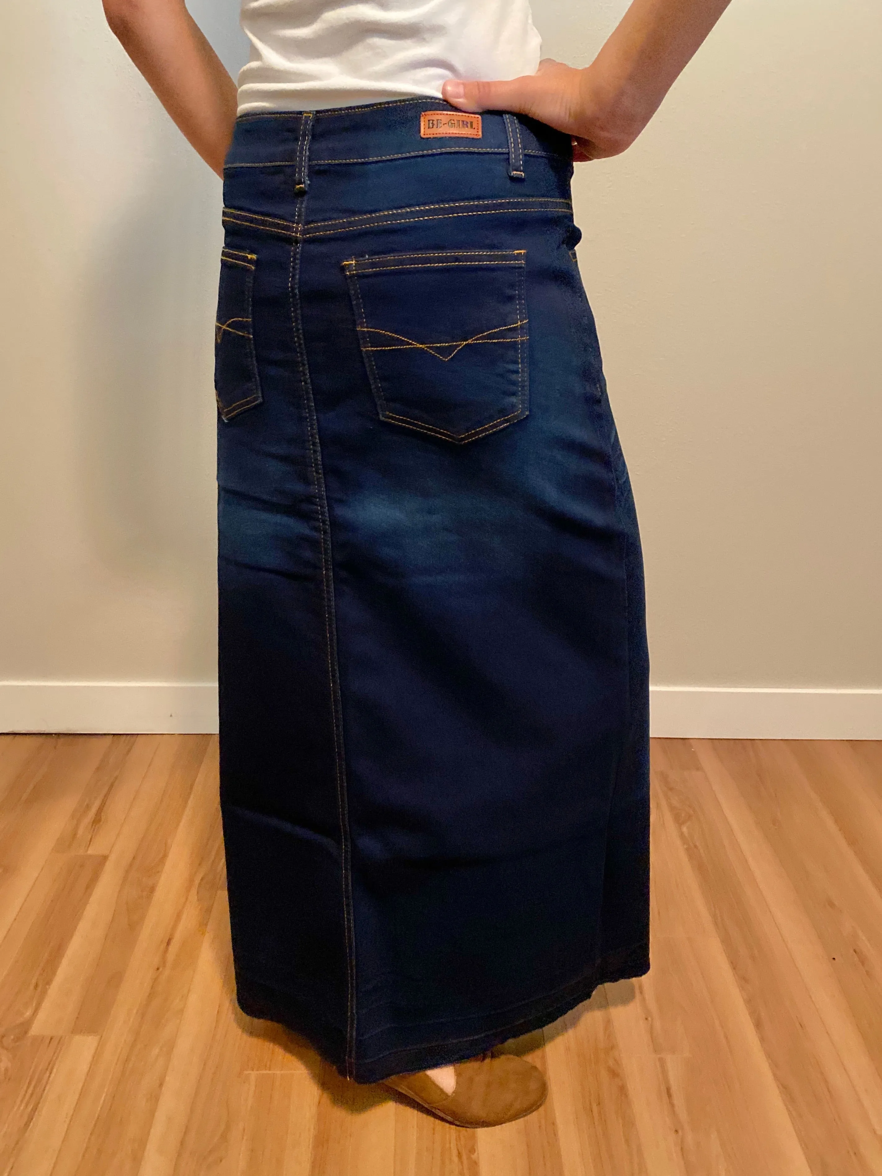 "Avery" Long Denim Skirt in Dark Indigo Wash