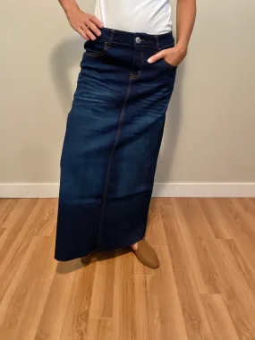 "Avery" Long Denim Skirt in Dark Indigo Wash