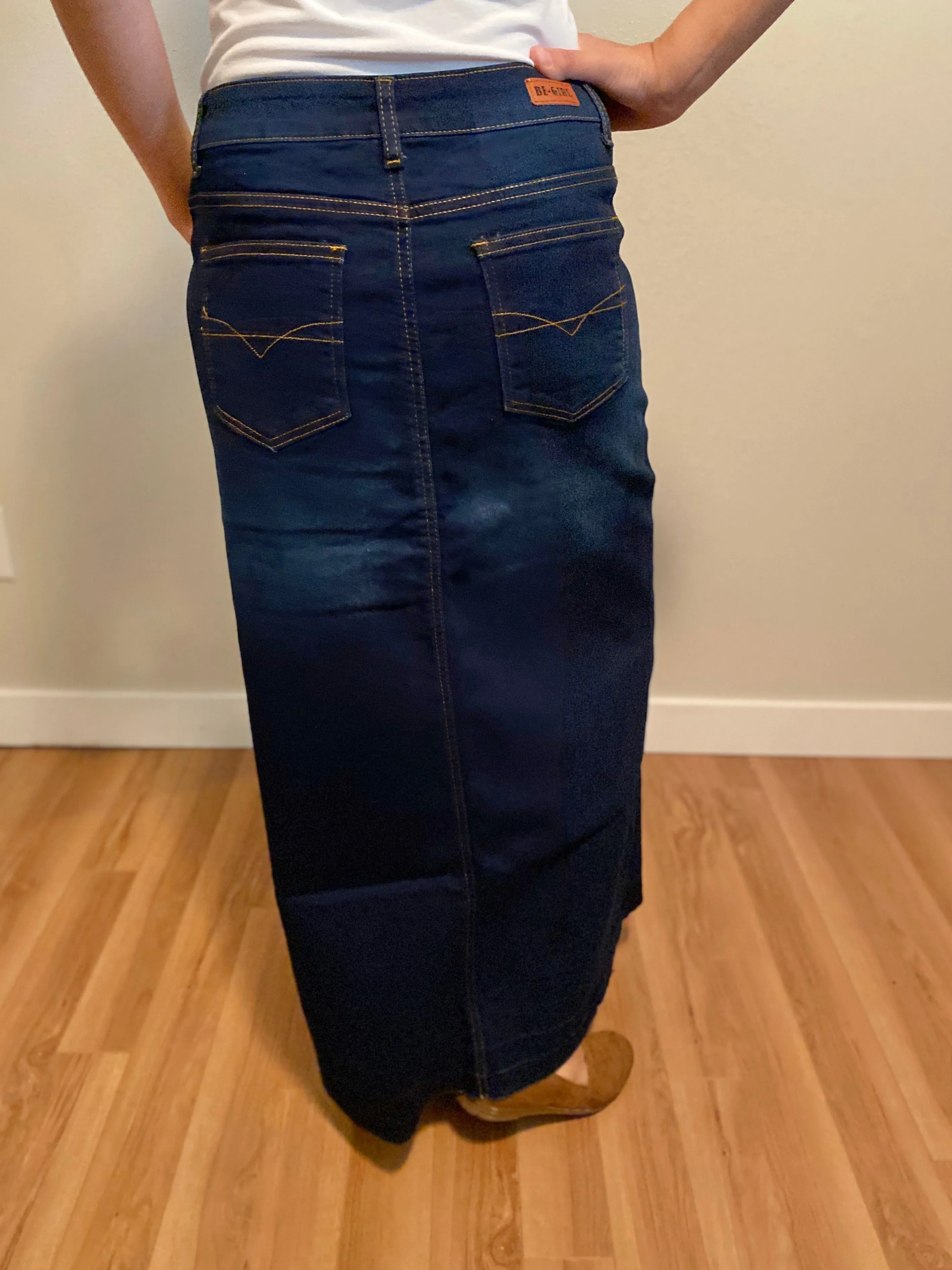 "Avery" Long Denim Skirt in Dark Indigo Wash