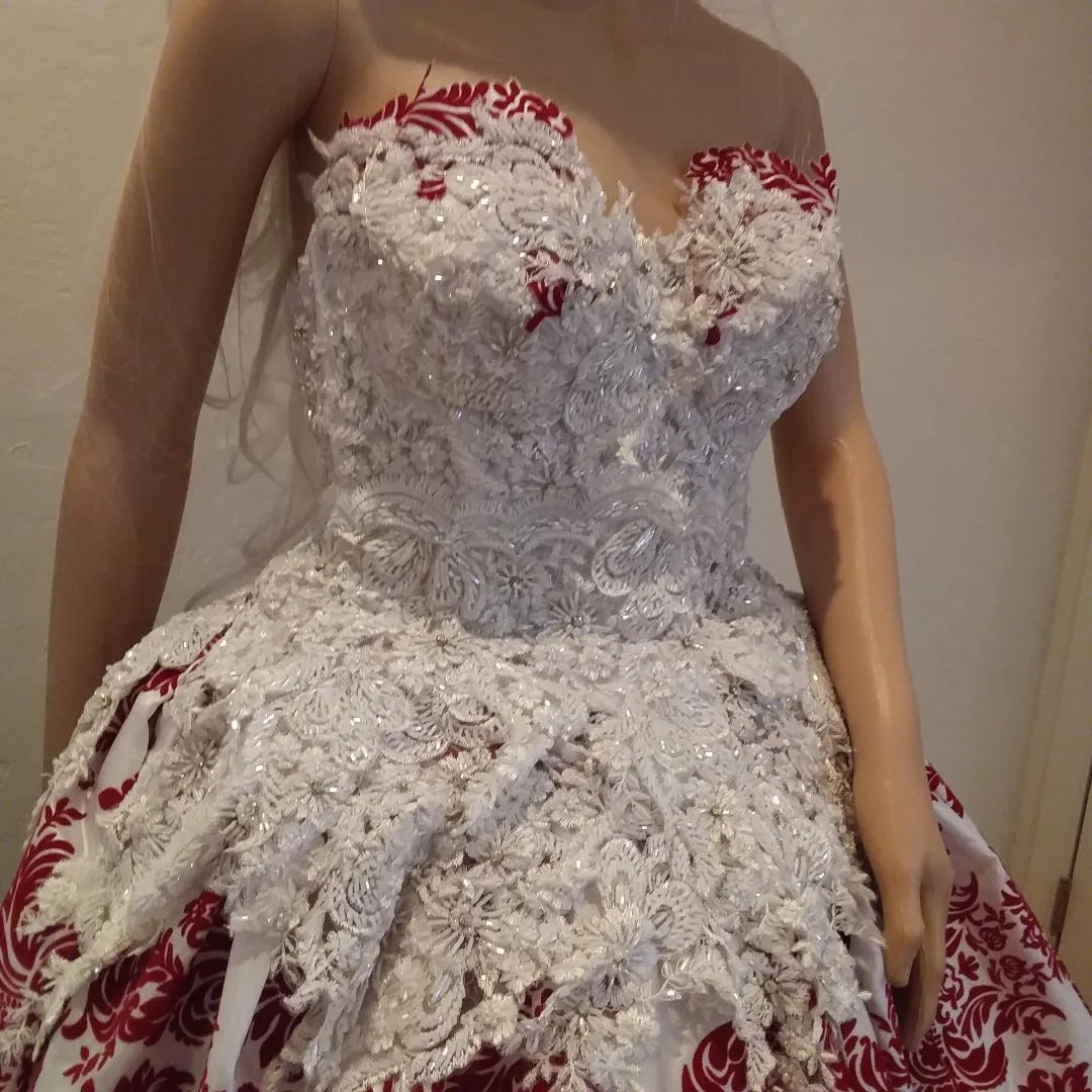 "FRANCES" Red & White Damask Lace Wedding Ballgown Set