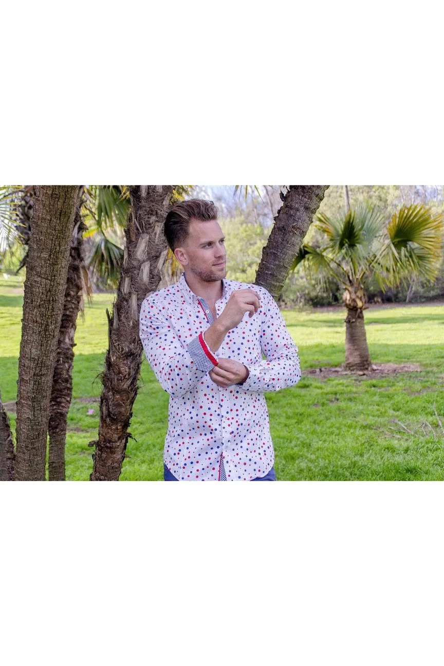 Red White Blue Polka Dots Button Down Shirt