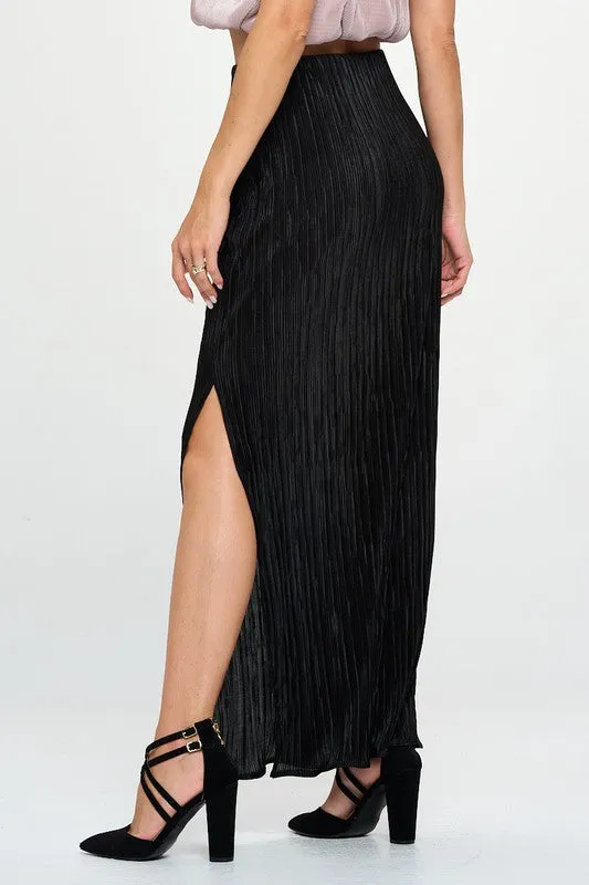 RENEE C. Black Plisse Maxi Skirt with Slit