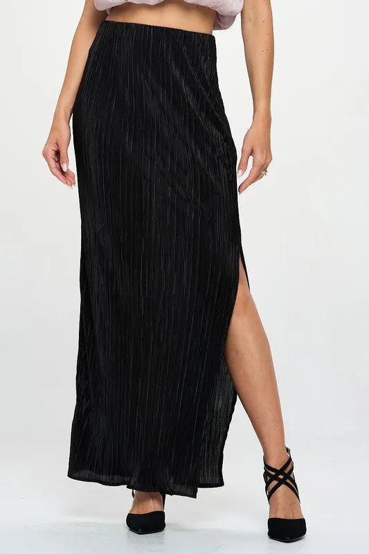 RENEE C. Black Plisse Maxi Skirt with Slit