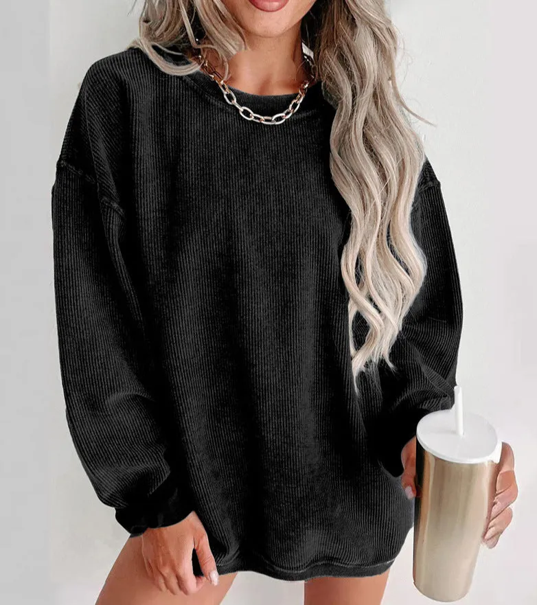 Ribbed Loose Fitting Women's Crewneck Sweatshirt