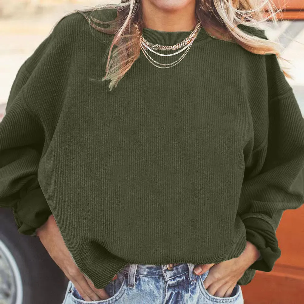 Ribbed Loose Fitting Women's Crewneck Sweatshirt