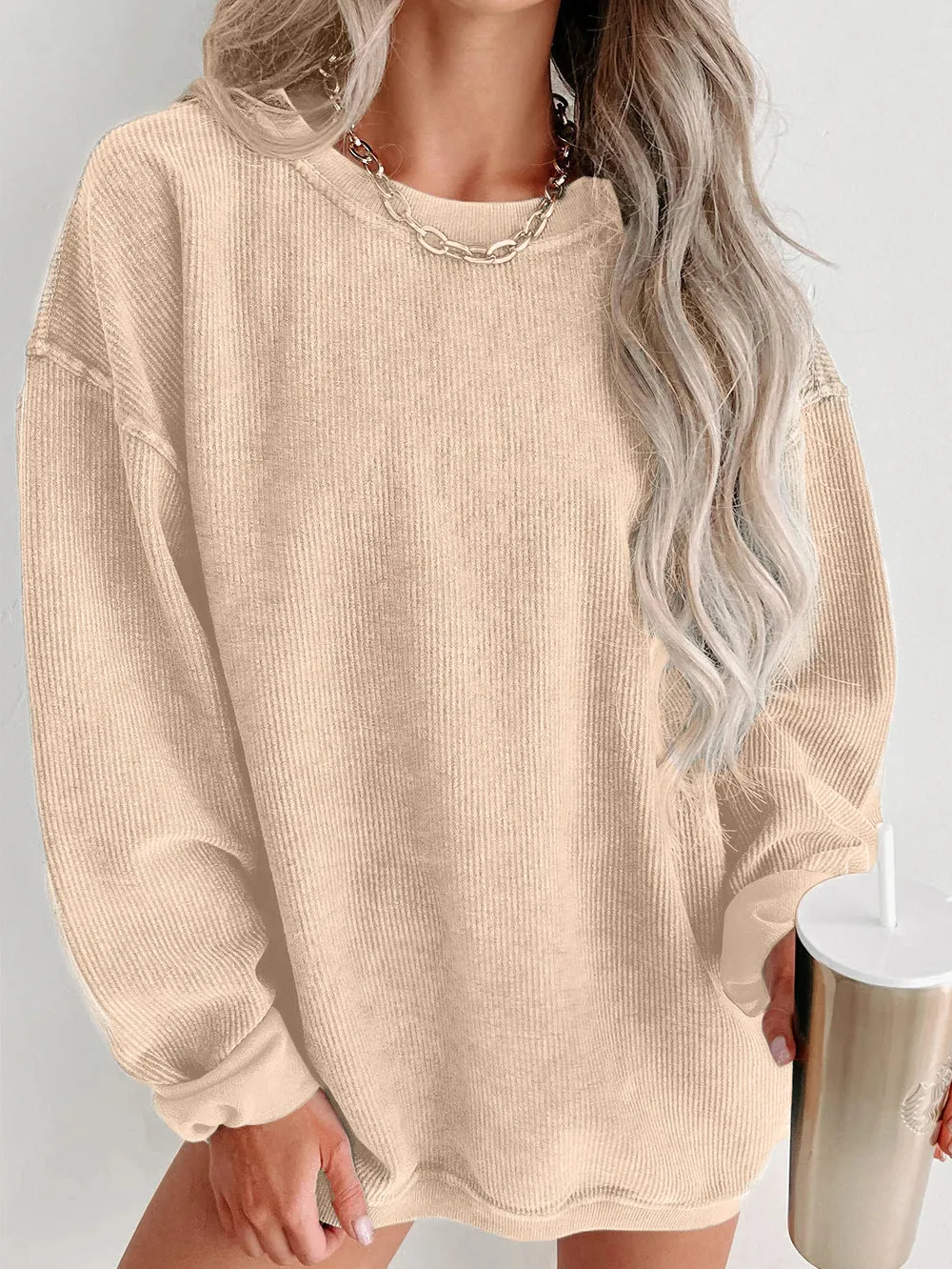 Ribbed Loose Fitting Women's Crewneck Sweatshirt