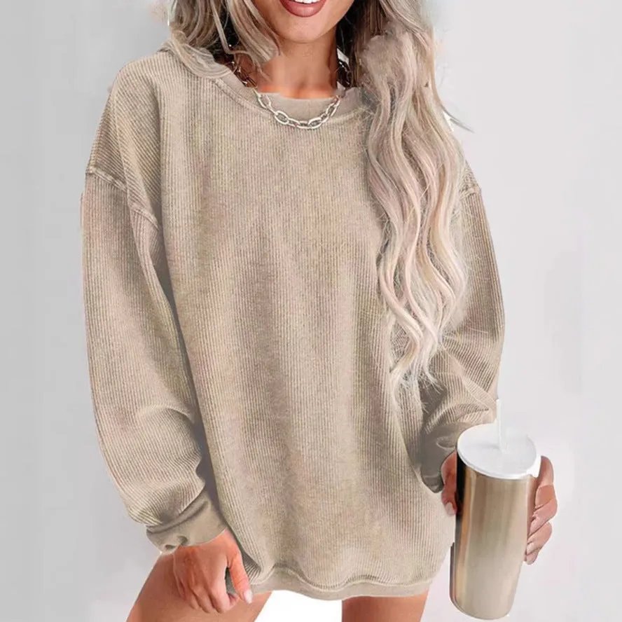 Ribbed Loose Fitting Women's Crewneck Sweatshirt