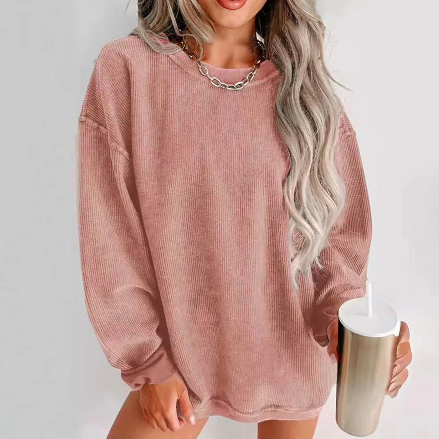 Ribbed Loose Fitting Women's Crewneck Sweatshirt