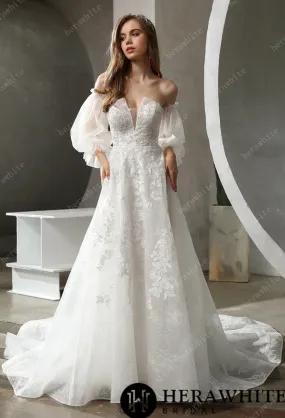 Romantic A-line Bridal Gown with Detachable Puff Sleeves