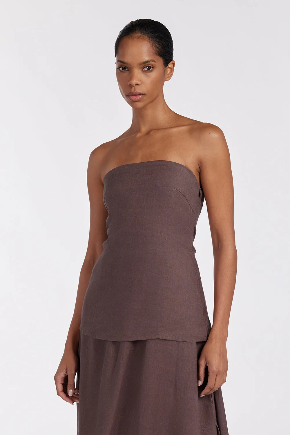 SASKIA CHOC LINEN STRAPLESS DRESS