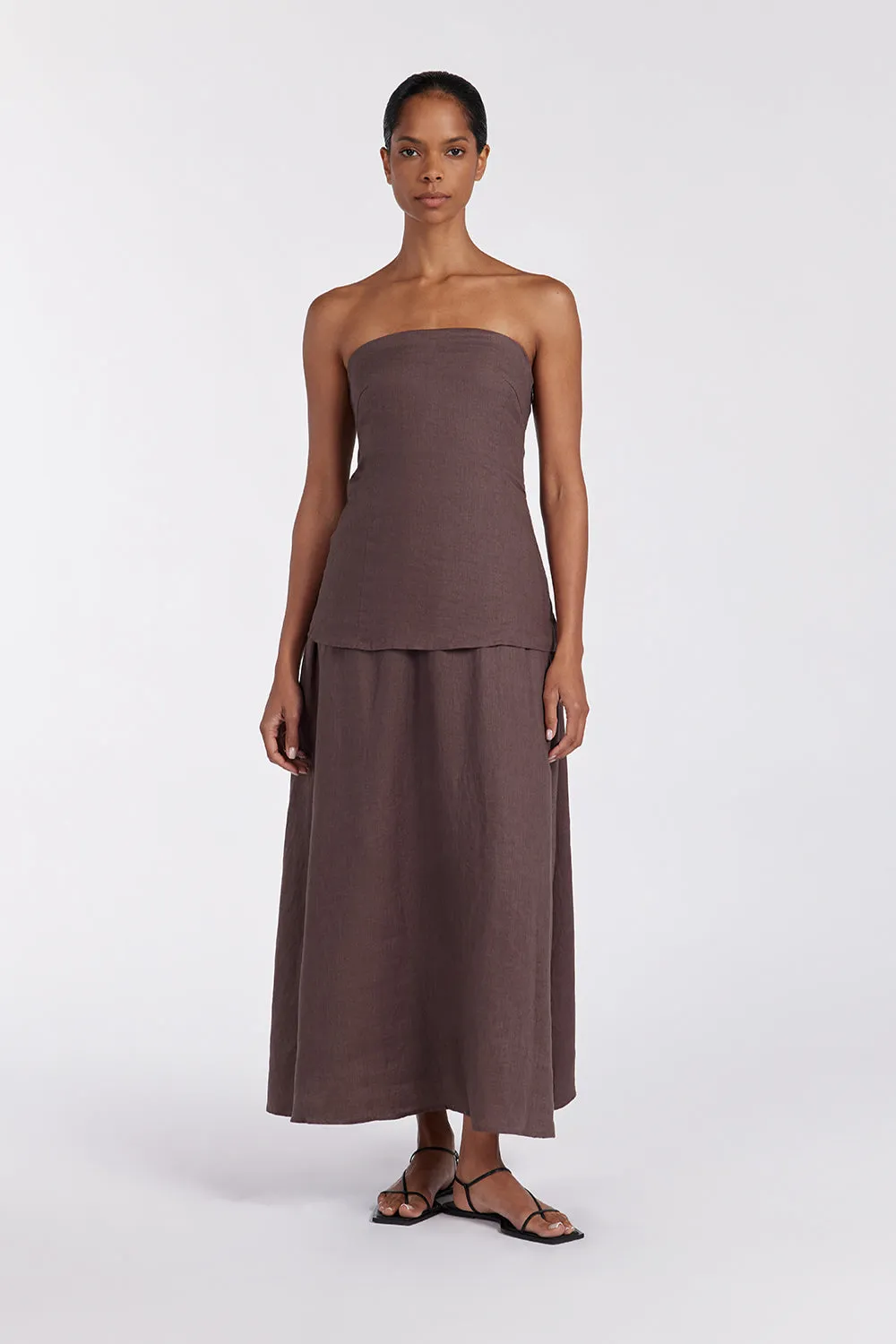 SASKIA CHOC LINEN STRAPLESS DRESS