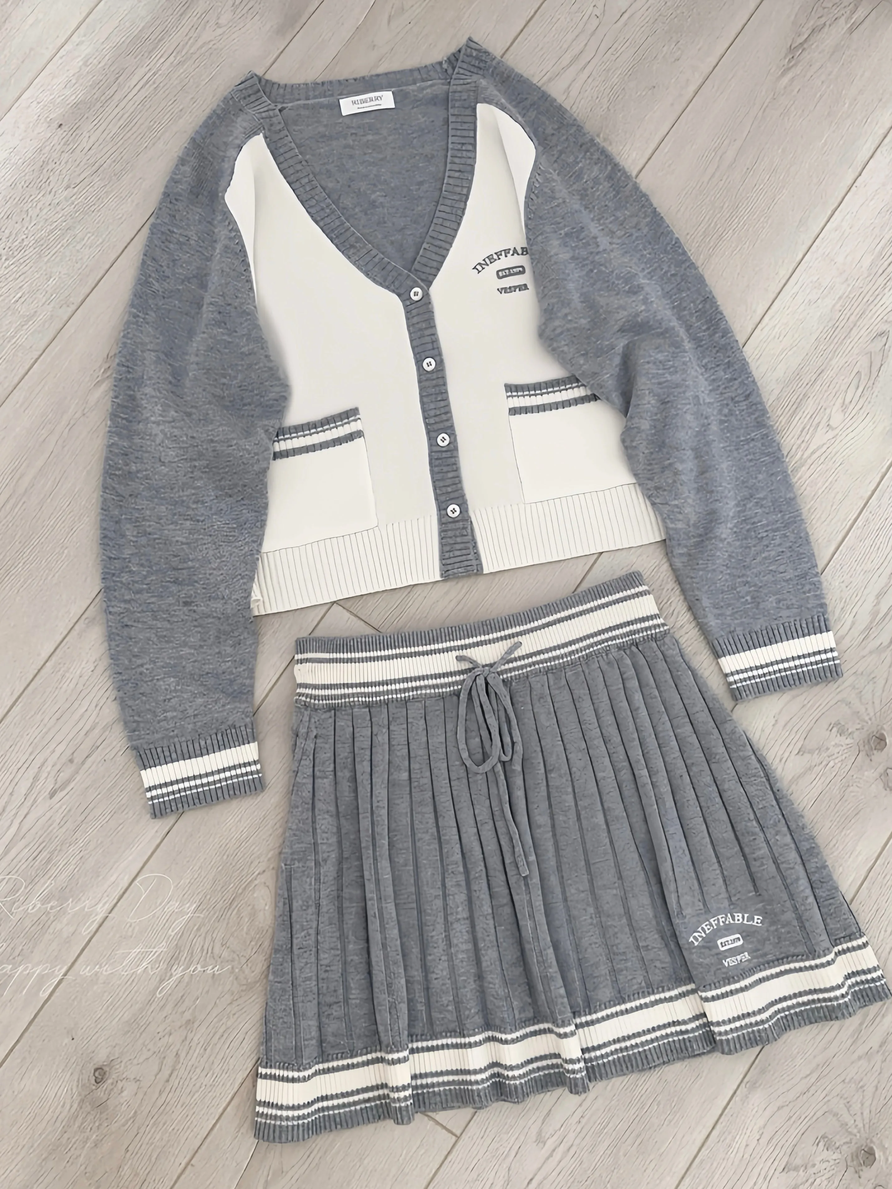 School days wool blended knitting cardigan skirt set