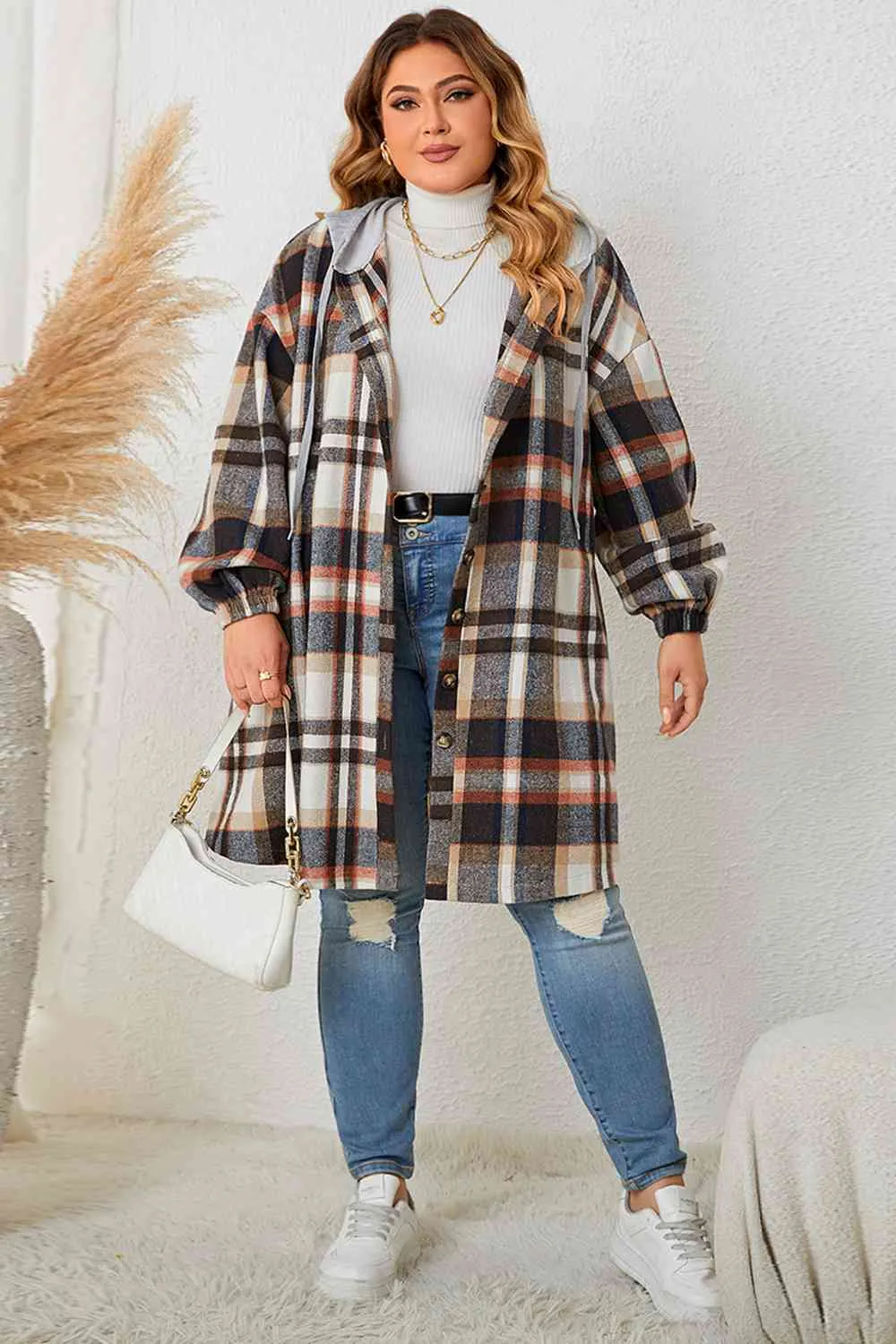 Selfie Sunday Plus Size Plaid Drop Shoulder Hooded Coat