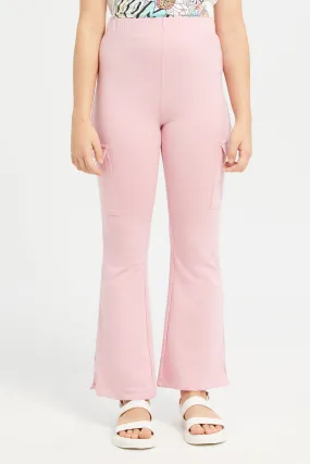 Senior Girls Pink Cargo Pocket Flared Leggings