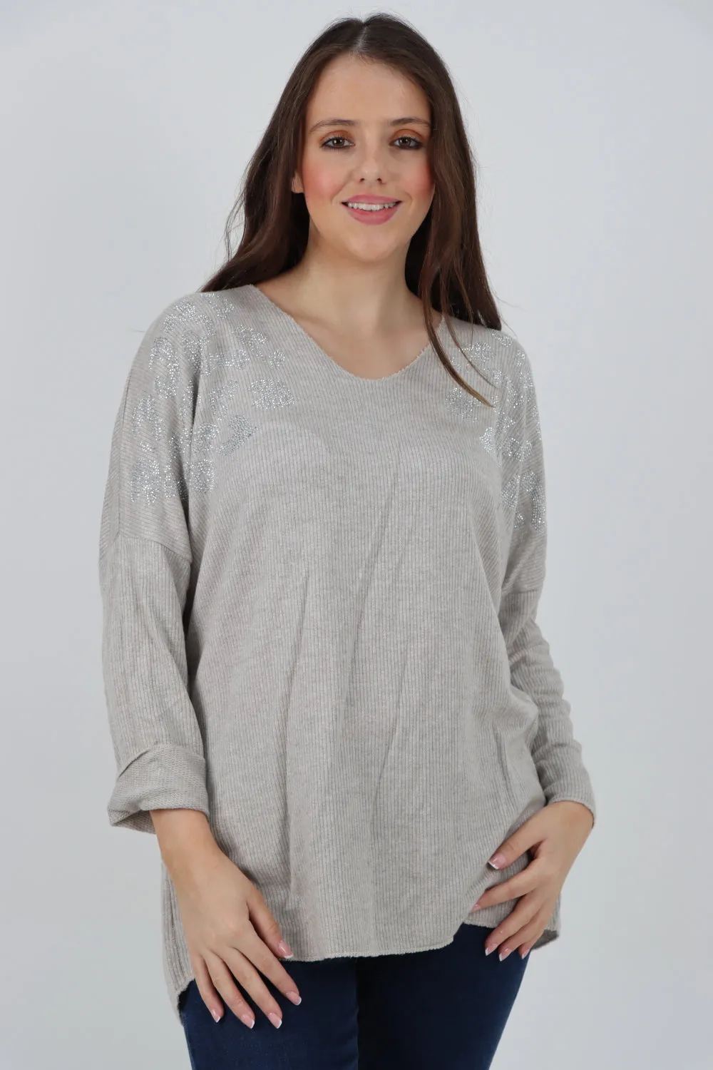 Sequin Detail On Shoulder Soft Knit Jumper Top