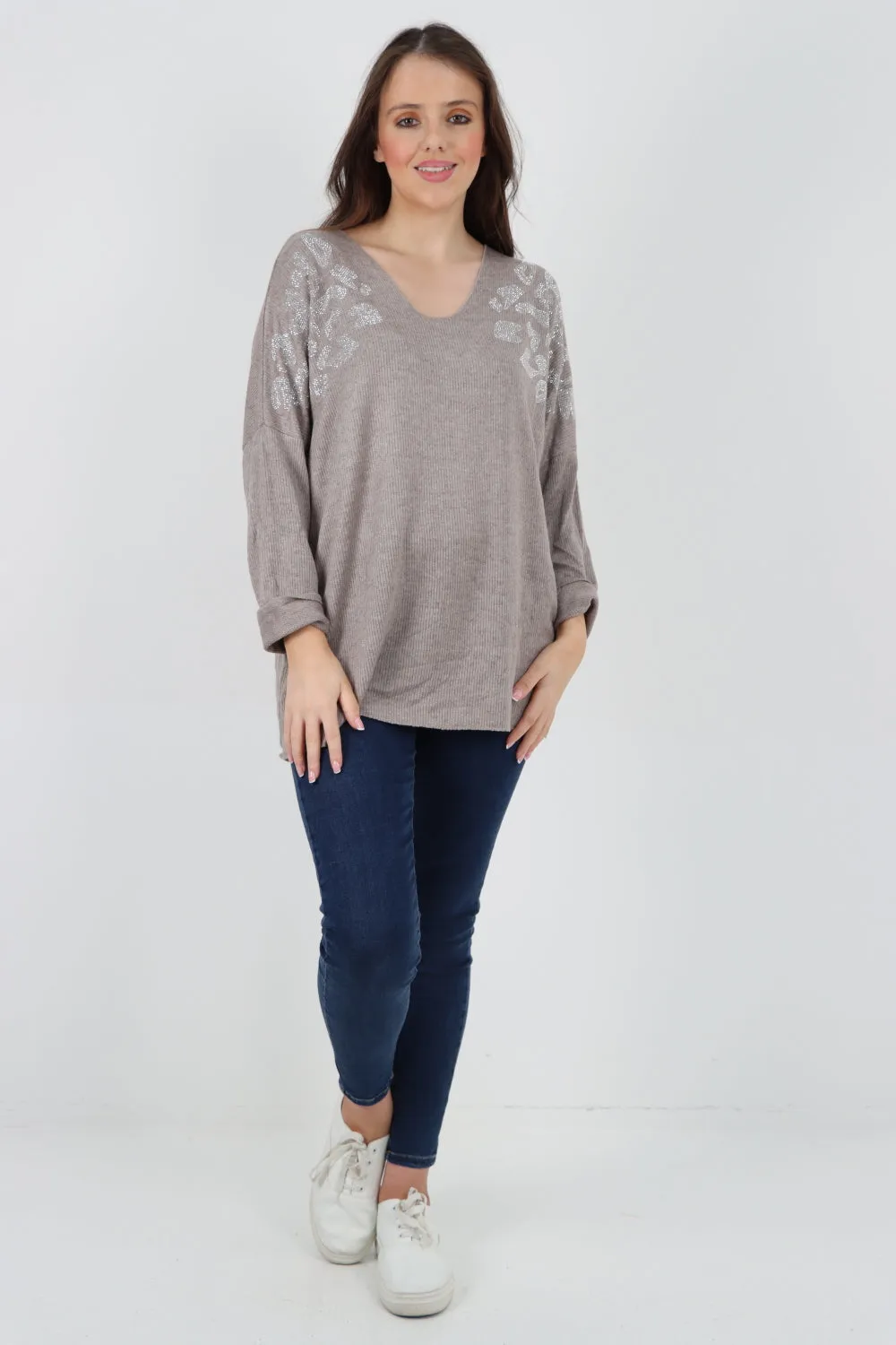 Sequin Detail On Shoulder Soft Knit Jumper Top