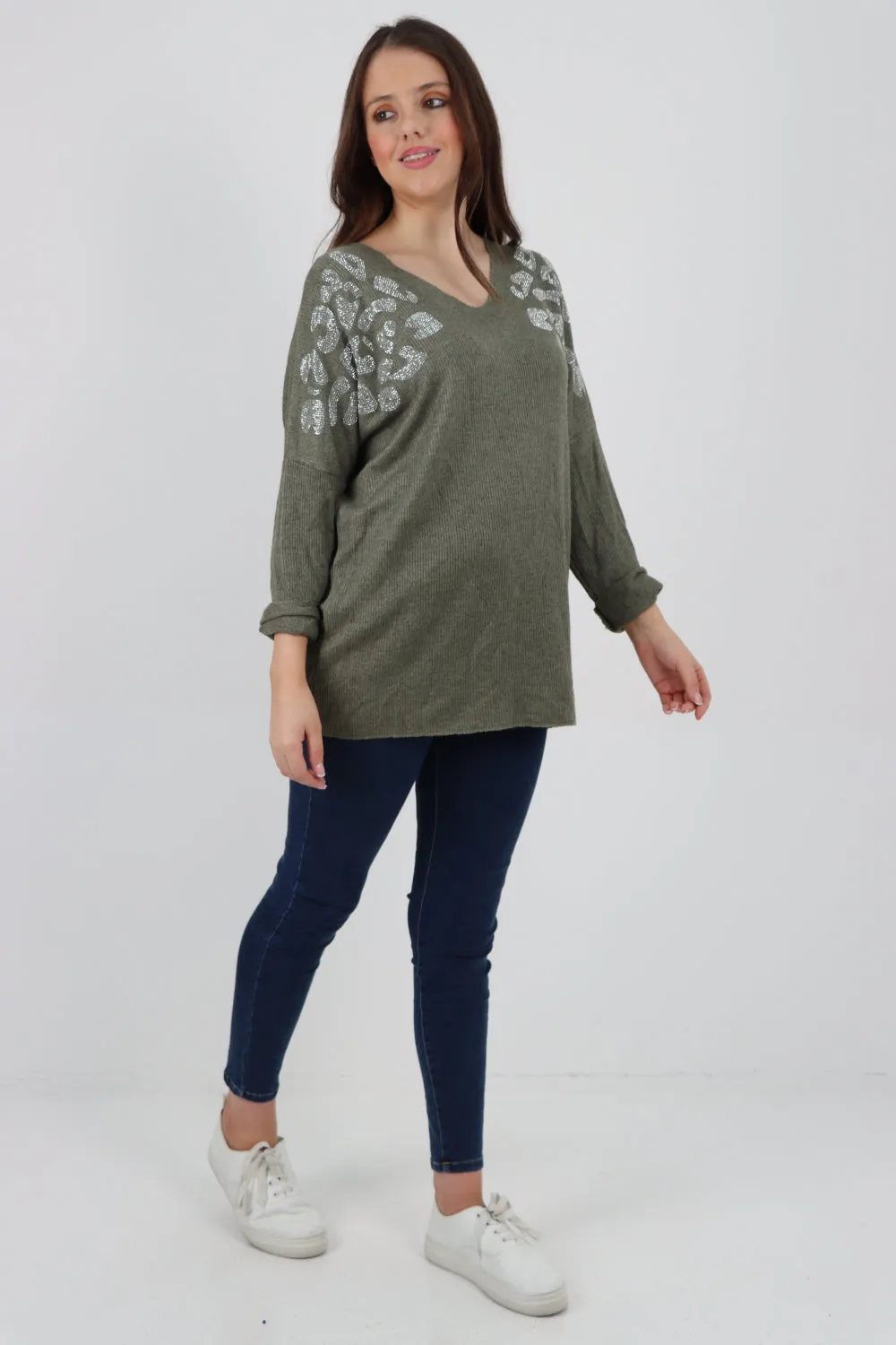 Sequin Detail On Shoulder Soft Knit Jumper Top