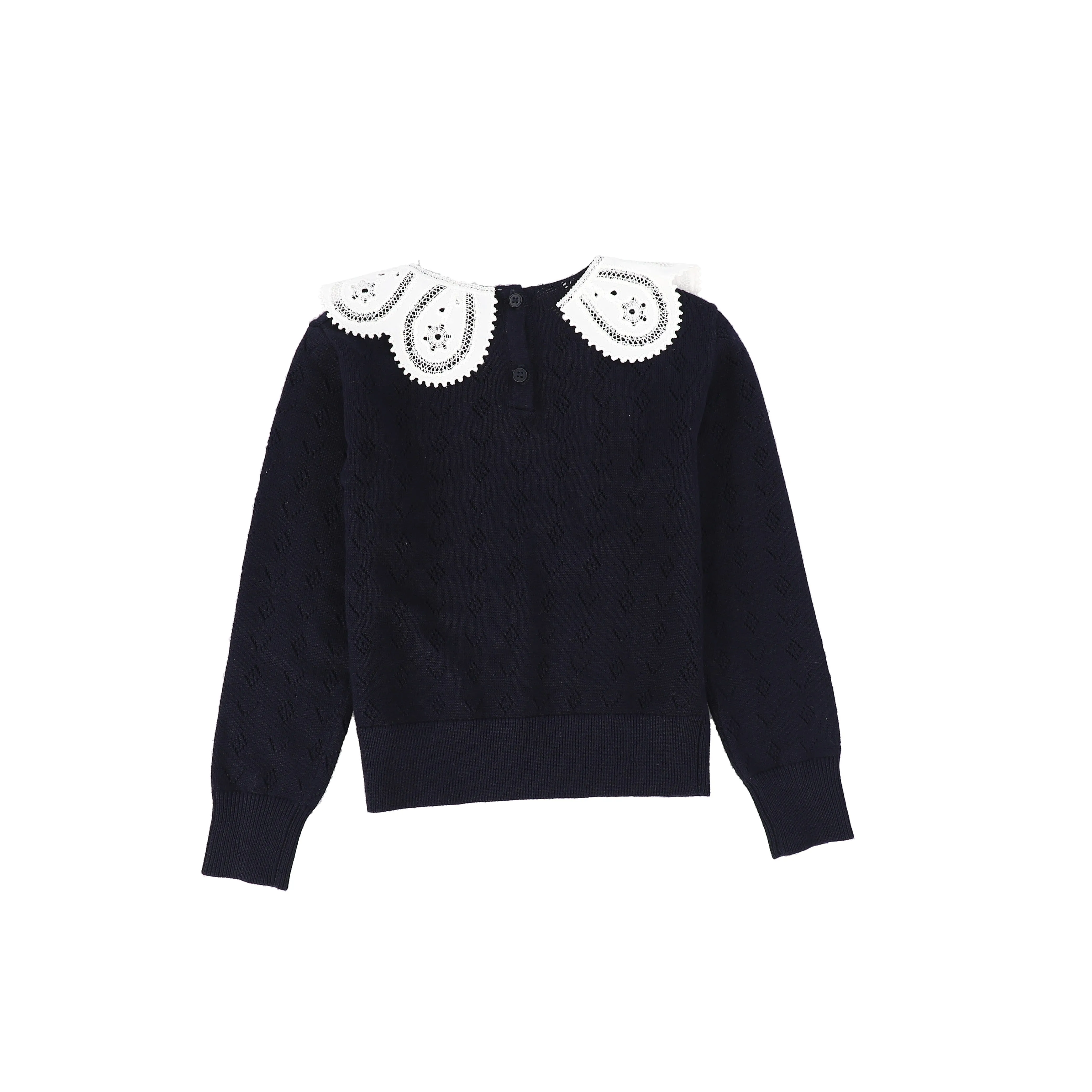 set outfit knit top flower collar with pleated skirt - navy