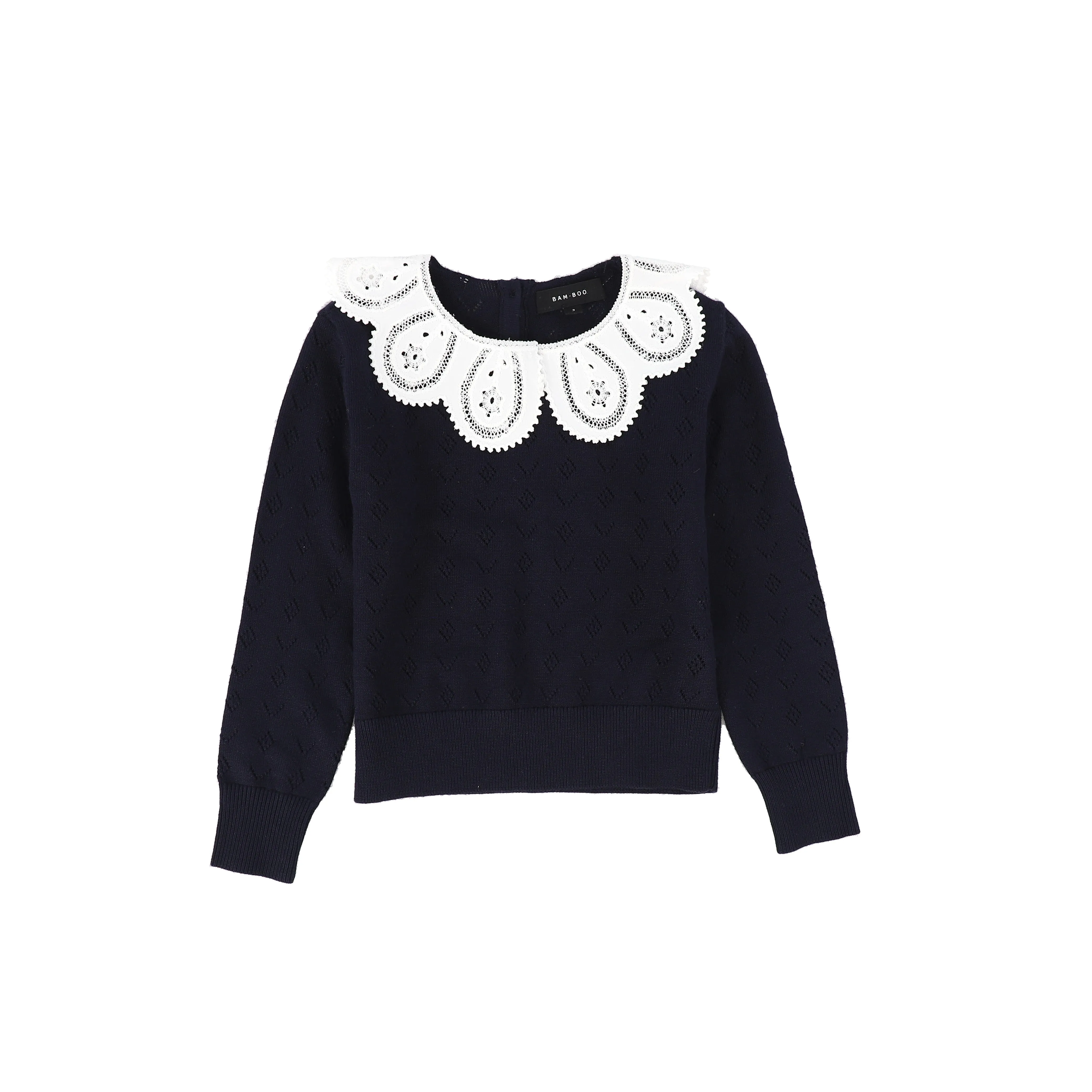 set outfit knit top flower collar with pleated skirt - navy