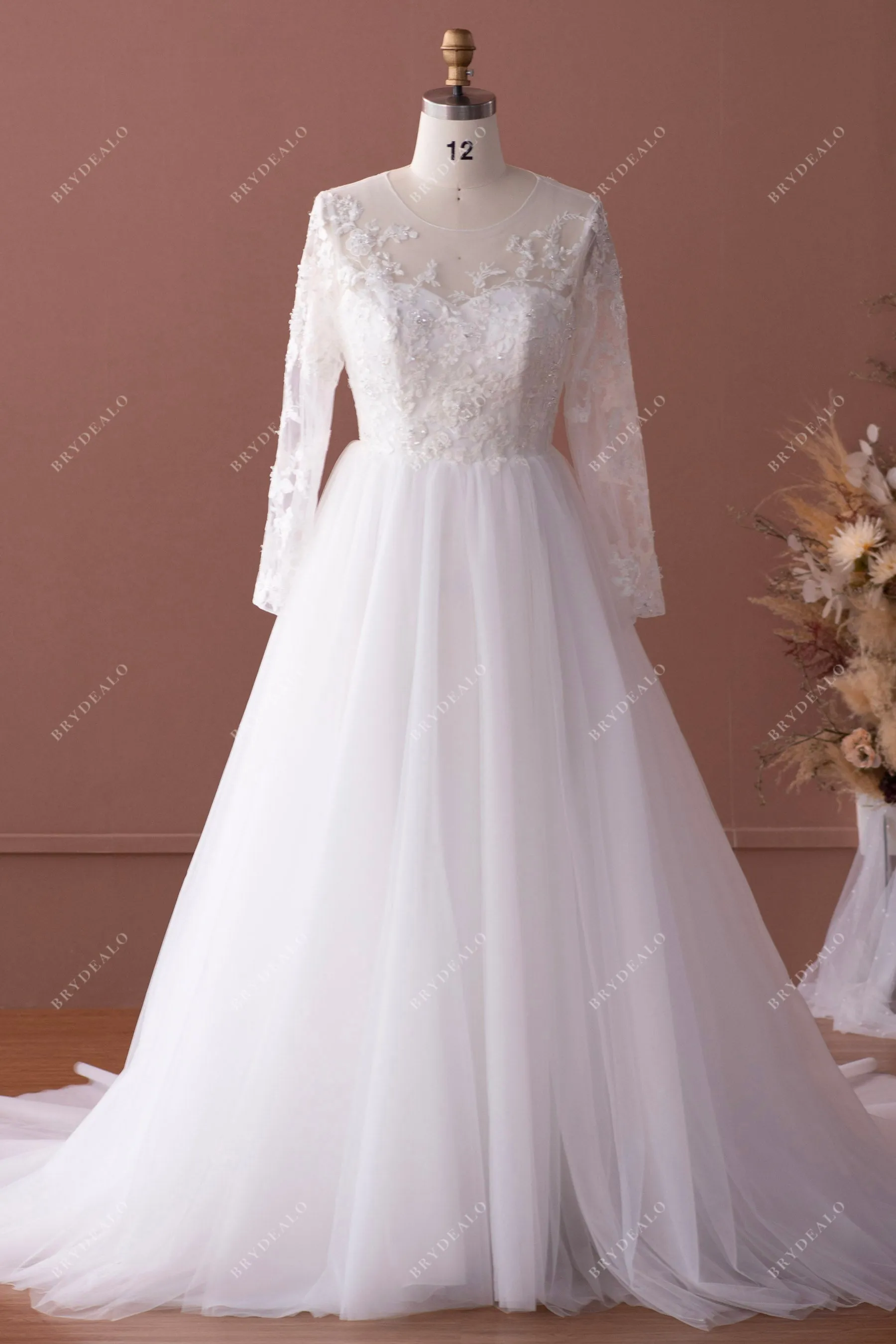 Sheer Sleeve Hand-sewn Beaded Lace Tulle Modern Wedding Dress