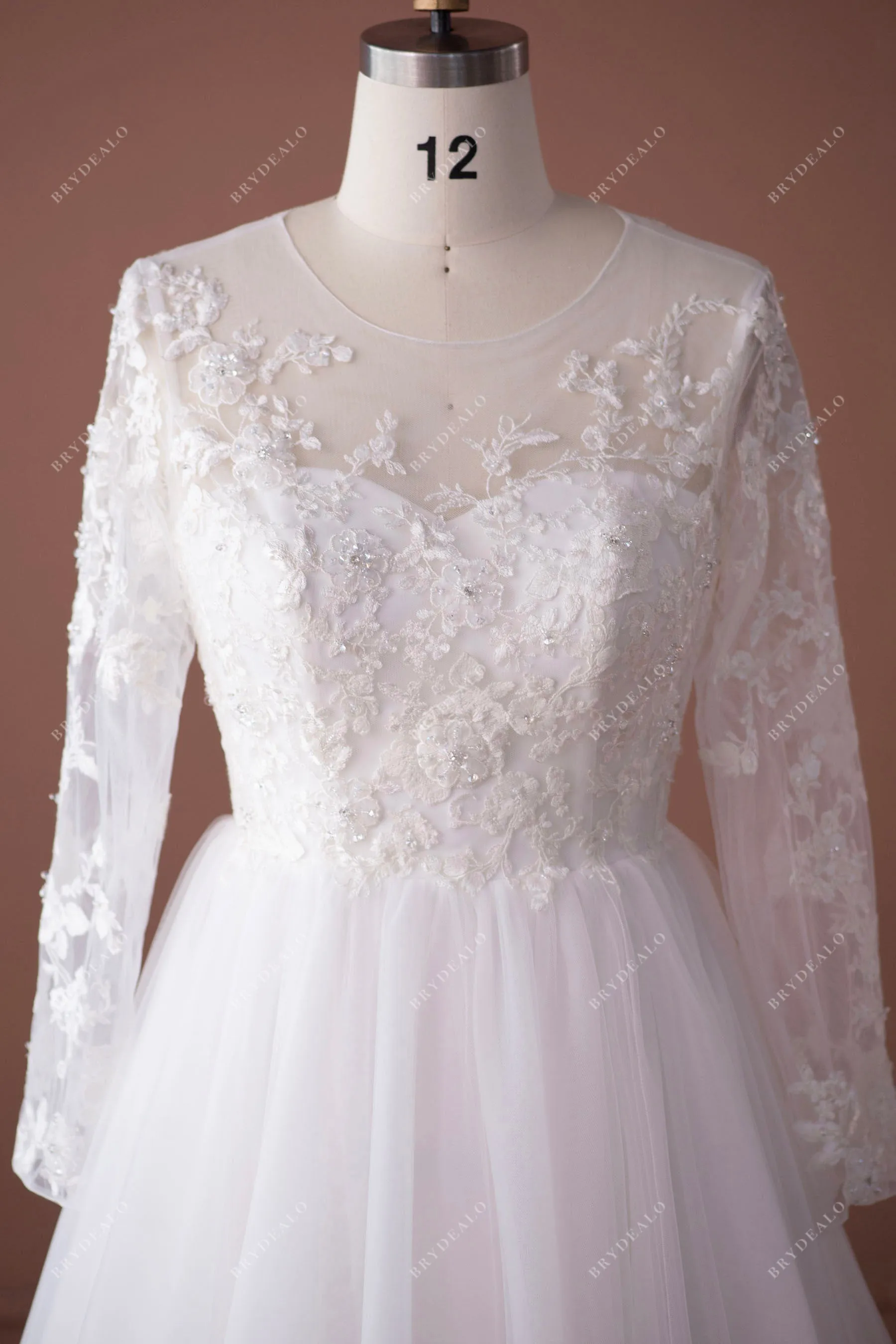 Sheer Sleeve Hand-sewn Beaded Lace Tulle Modern Wedding Dress