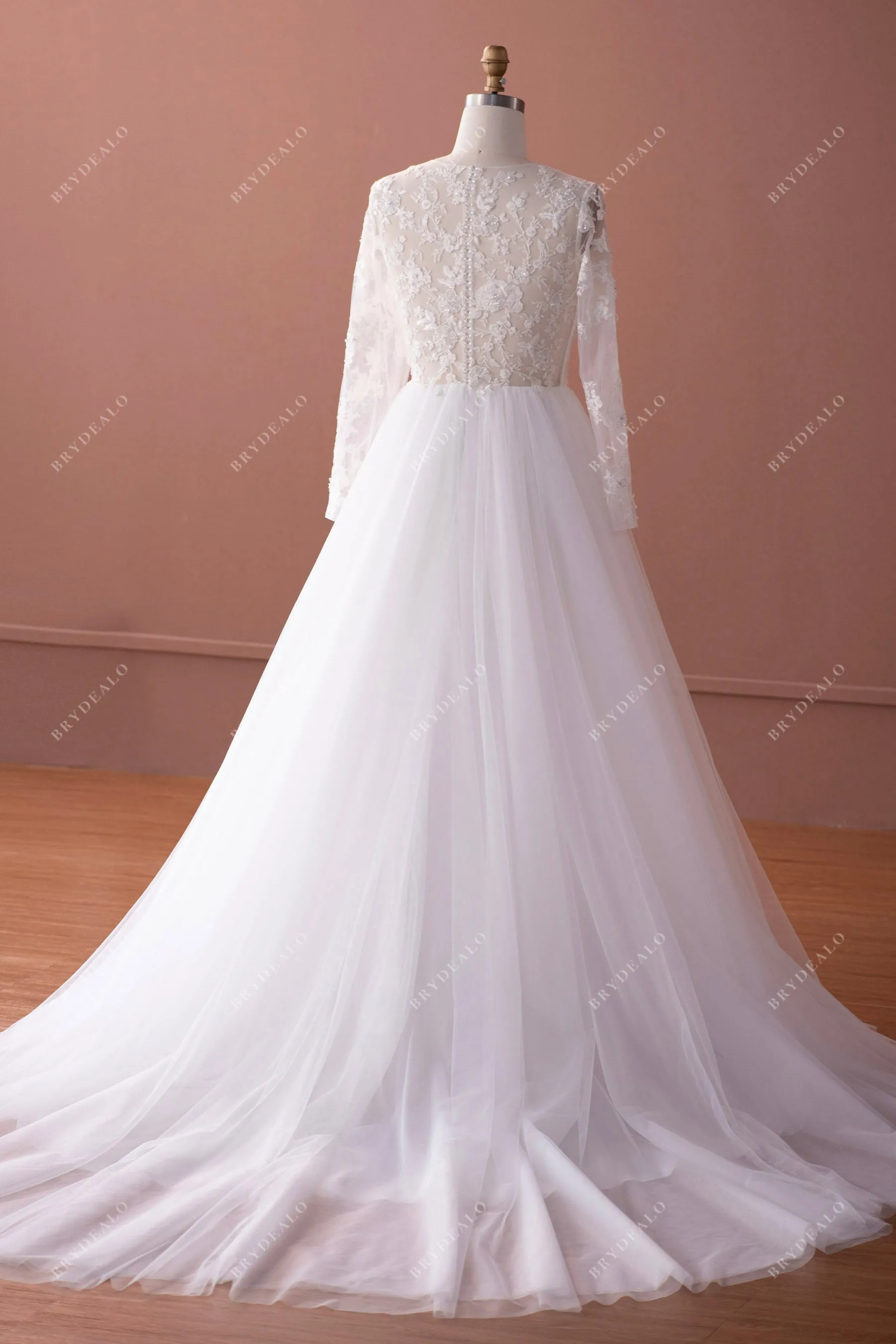 Sheer Sleeve Hand-sewn Beaded Lace Tulle Modern Wedding Dress