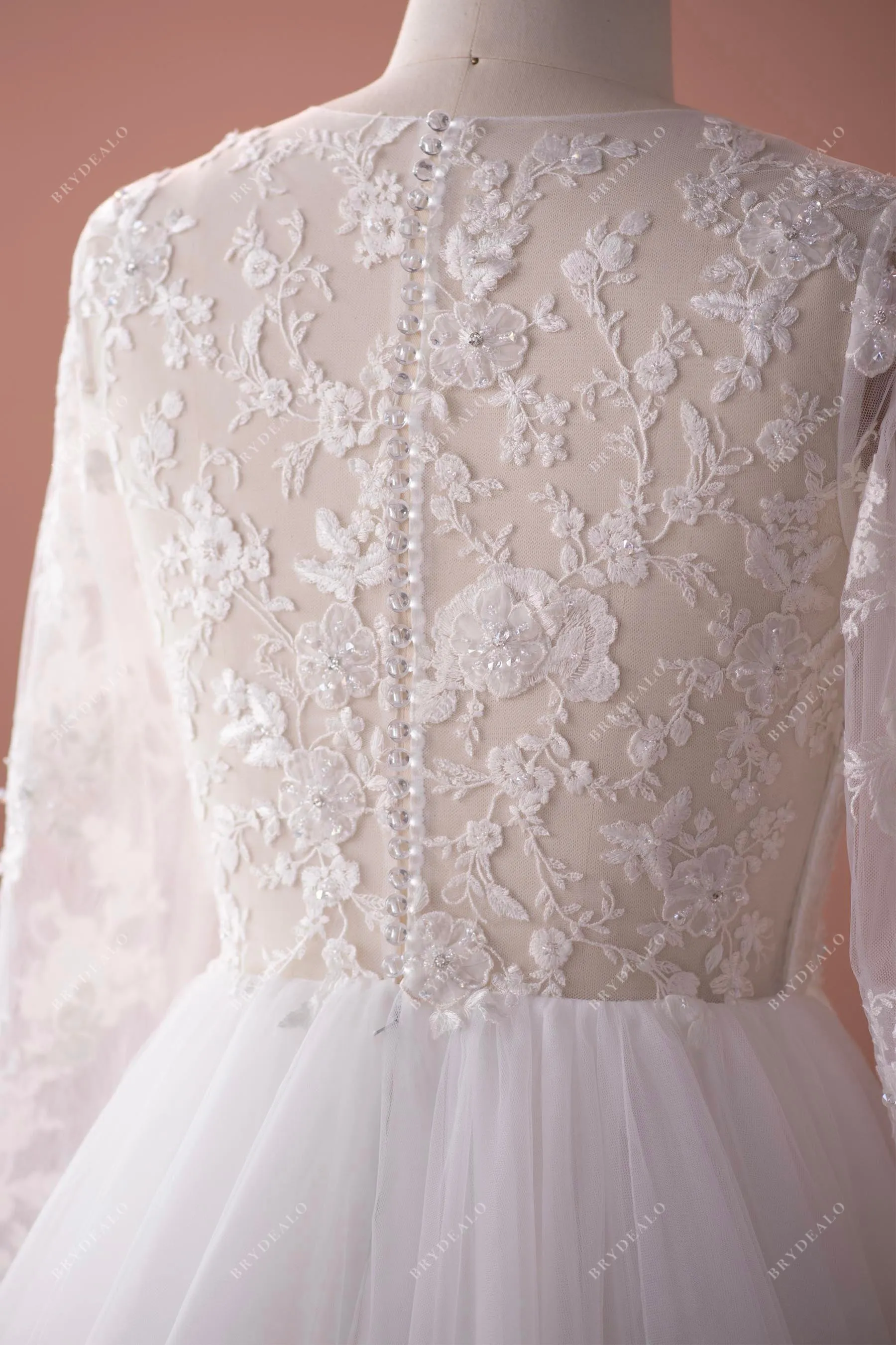 Sheer Sleeve Hand-sewn Beaded Lace Tulle Modern Wedding Dress