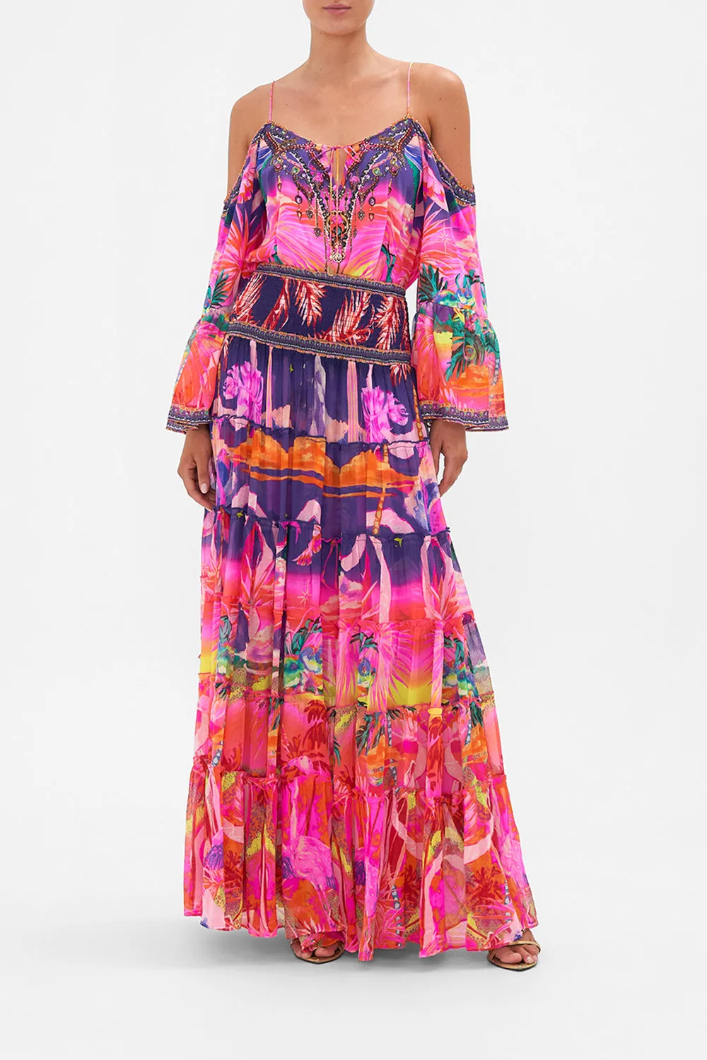 SHEER TIERED MAXI SKIRT FLIGHT OF THE FLAMINGO