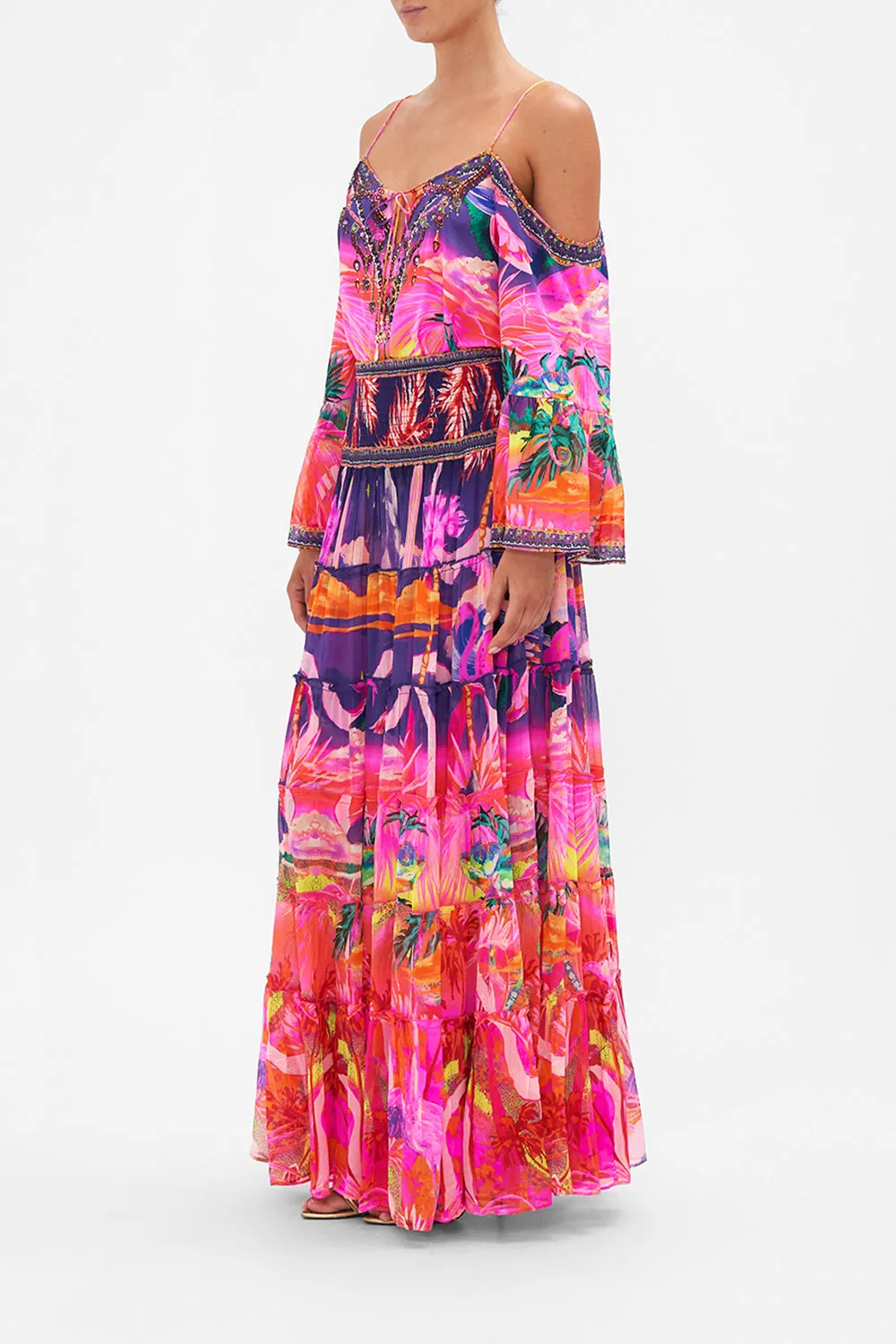 SHEER TIERED MAXI SKIRT FLIGHT OF THE FLAMINGO