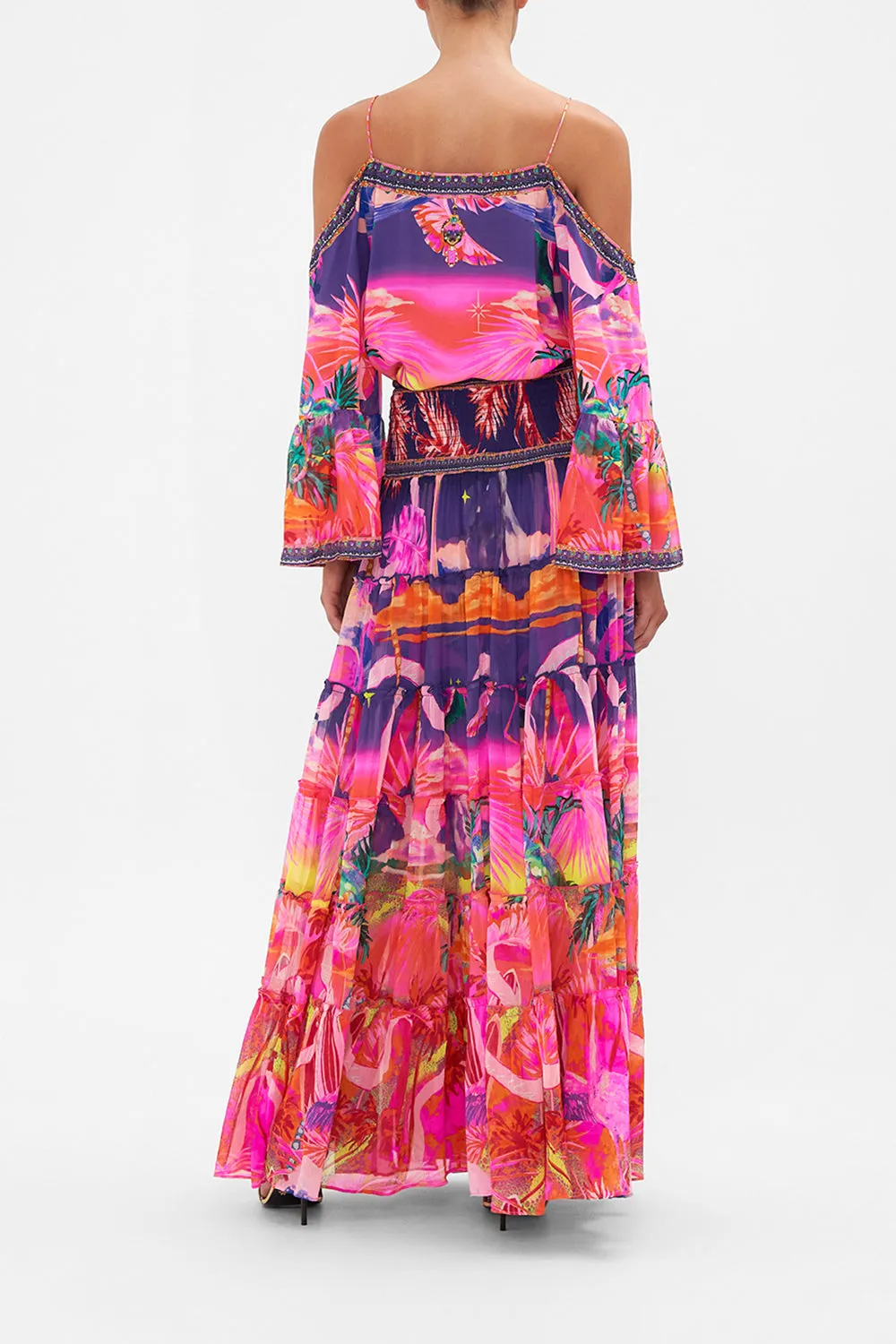 SHEER TIERED MAXI SKIRT FLIGHT OF THE FLAMINGO